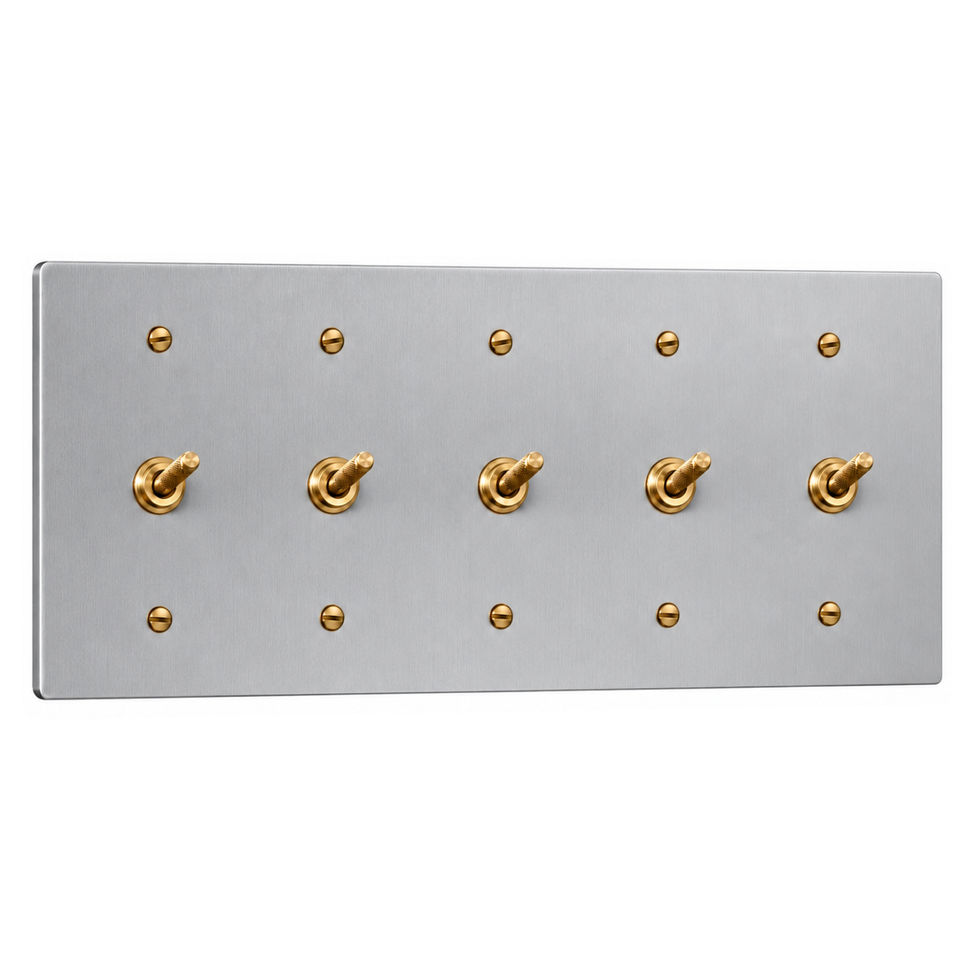 5-Gang Solid Brass Knurled Toggle Light Switches in Stainless Steel; 5 toggles on a white background