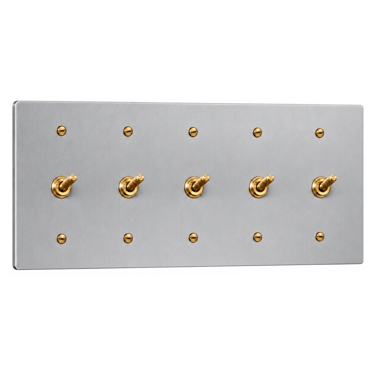 5-Gang Solid Brass Knurled Toggle Light Switches in Stainless Steel; 5 toggles on a white background