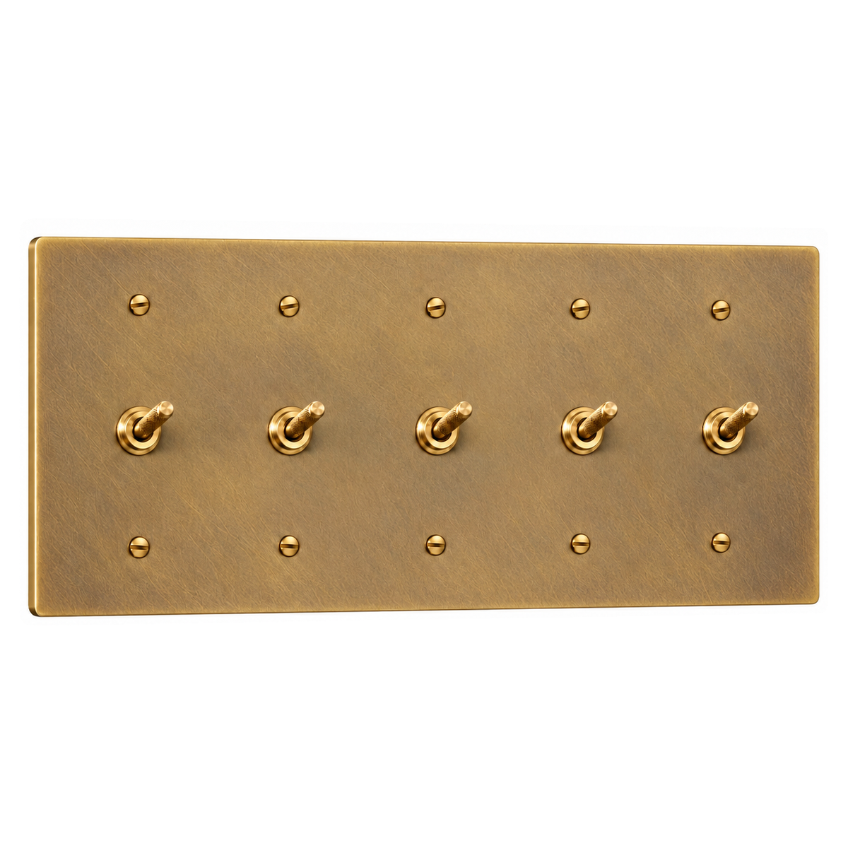 5-Gang Solid Brass Knurled Toggle Light Switches in Unlacquered Antique Brass (Hand-Brushed); 5 toggles on a white background