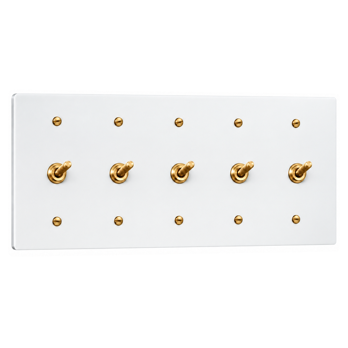 5-Gang Solid Brass Knurled Toggle Light Switches in White with Brass Accents; 5 toggles on a white background