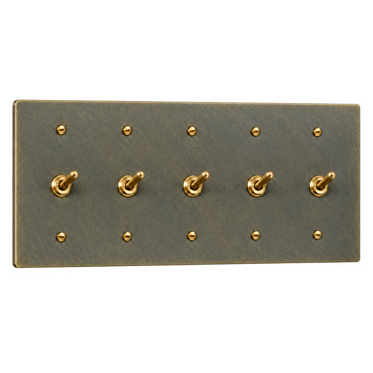 5-Gang Solid Brass Toggle Light Switches in Aged Bronze (Hand-Brushed); 5 toggles on a white background