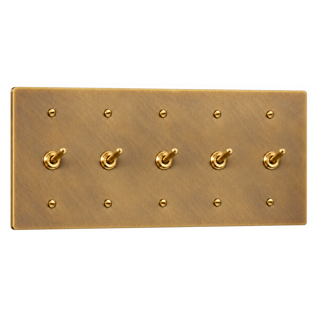 5-Gang Solid Brass Toggle Light Switches in Satin Brass; 5 toggles on a white background