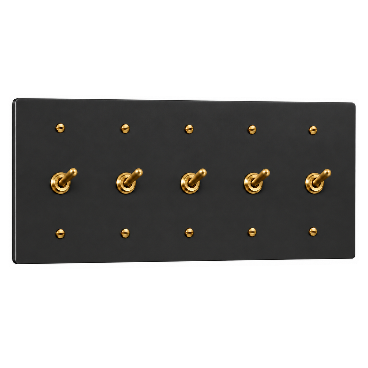 5-Gang Solid Brass Toggle Light Switches in Black with Brass Accents; 5 toggles on a white background