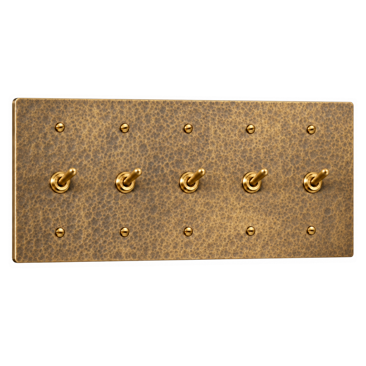 5-Gang Solid Brass Toggle Light Switches in Hammered Antique Brass; 5 toggles on a white background