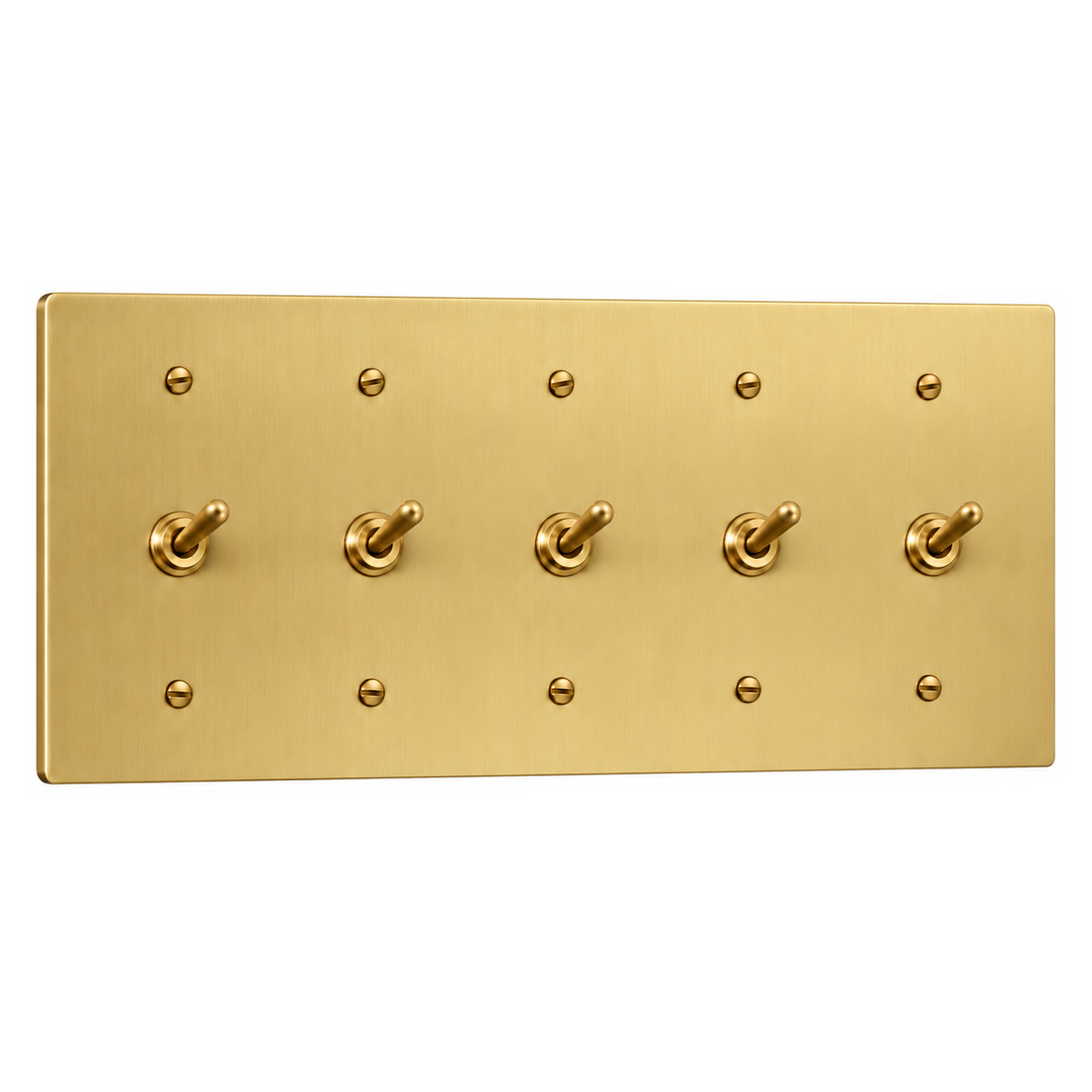 5-Gang Solid Brass Toggle Light Switches in Satin Brass; 5 toggles on a white background