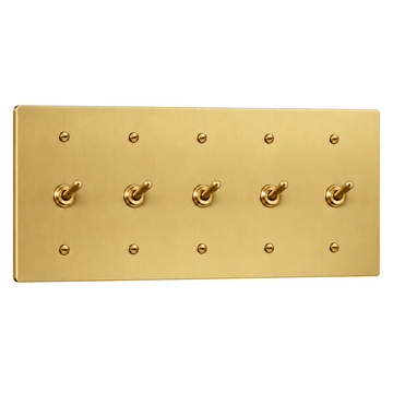 5-Gang Solid Brass Toggle Light Switches in Satin Brass; 5 toggles on a white background
