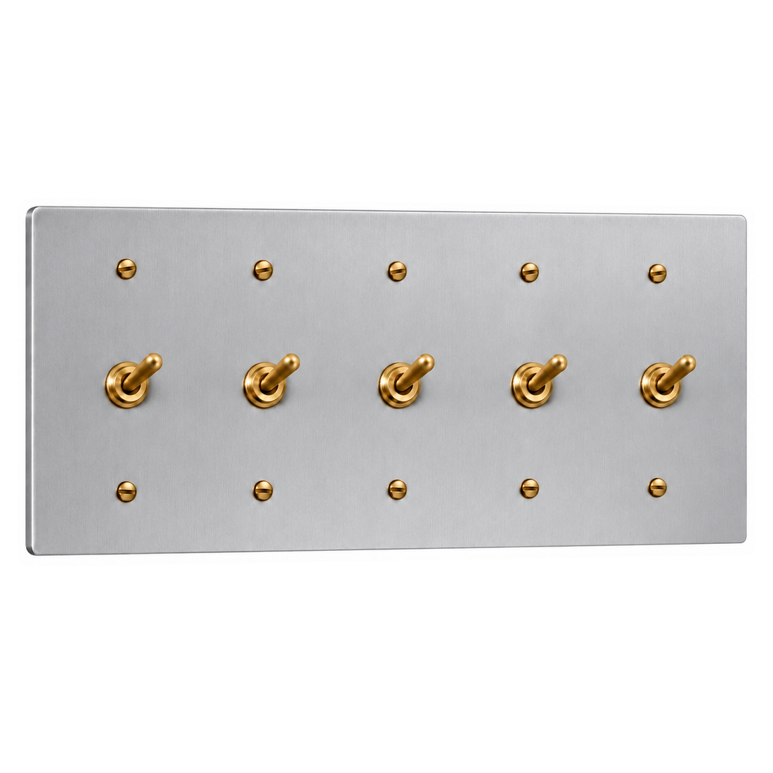5-Gang Solid Brass Toggle Light Switches in Stainless Steel; 5 toggles on a white background