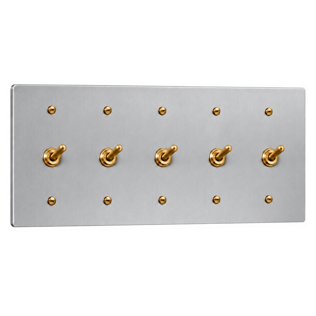 5-Gang Solid Brass Toggle Light Switches in Stainless Steel; 5 toggles on a white background