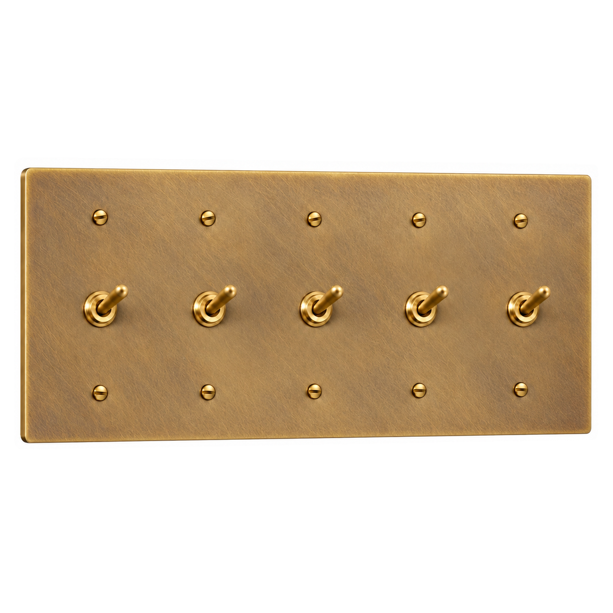5-Gang Solid Brass Toggle Light Switches in Unlacquered Antique Brass (Hand-Brushed); 5 toggles on a white background