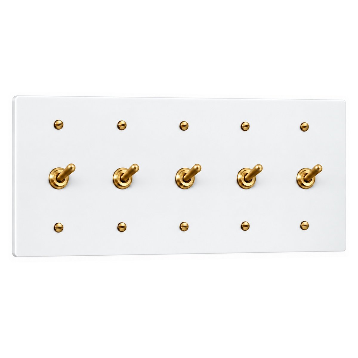 5-Gang Solid Brass Toggle Light Switches in White with Brass Accents; 5 toggles on a white background
