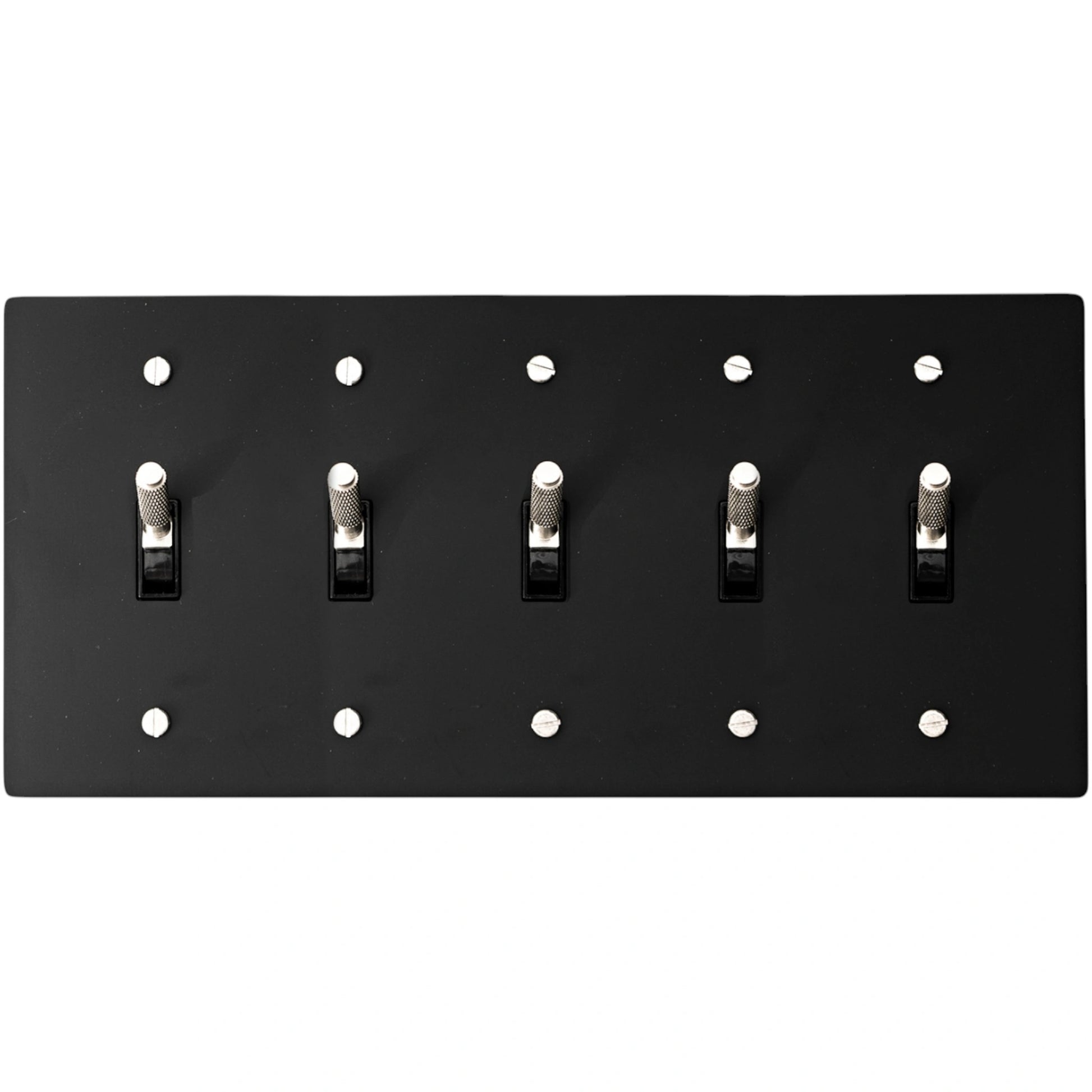 Back view of 5-gang toggle switch plate, matte black finish, mounting hardware visible