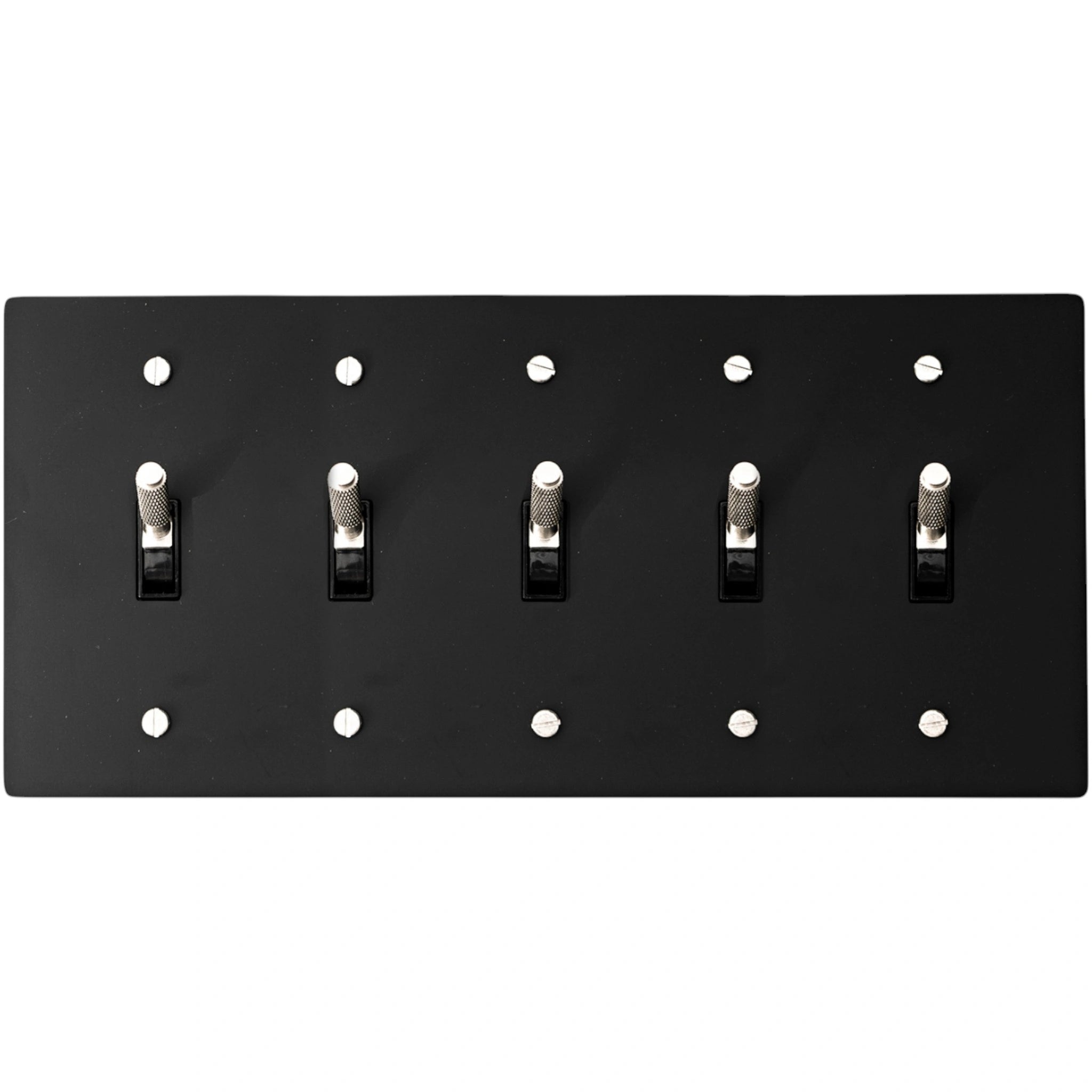 Back view of 5-gang toggle switch plate, matte black finish, mounting hardware visible
