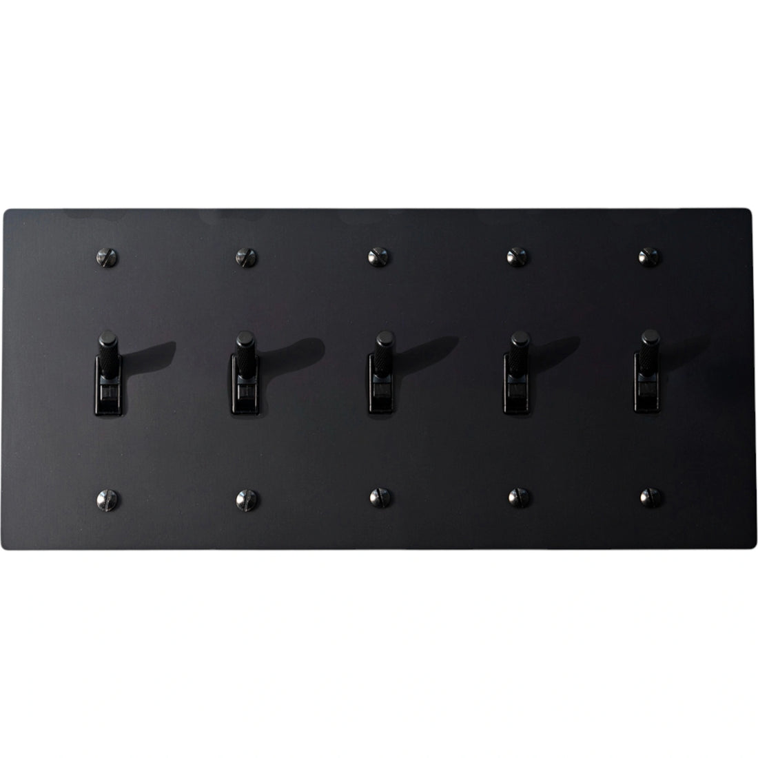 5-gang knurled toggle light switch plate in matte black, front view