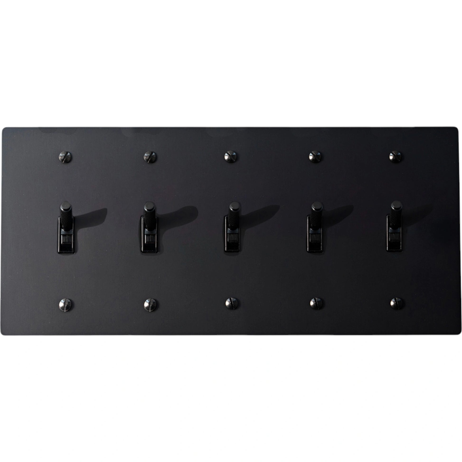 5-gang knurled toggle light switch plate in matte black, front view