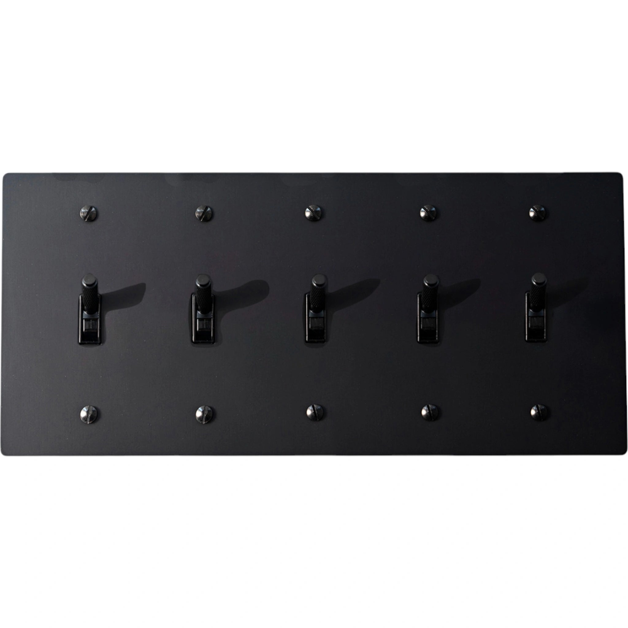5-gang knurled toggle light switch plate in matte black, front view