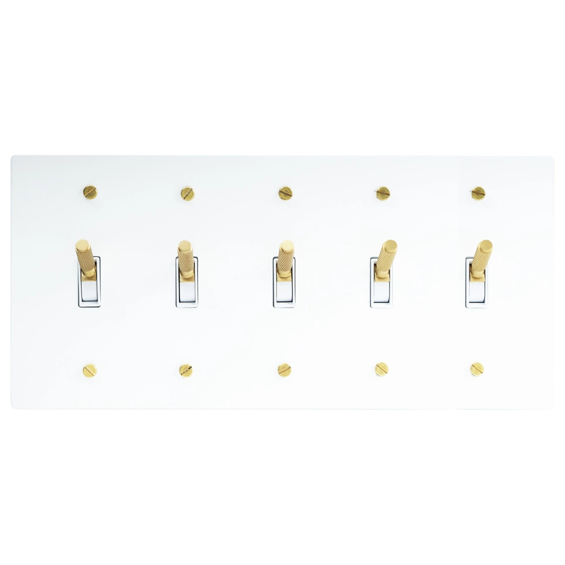 5-gang knurled toggle light switch plate in white, front view
