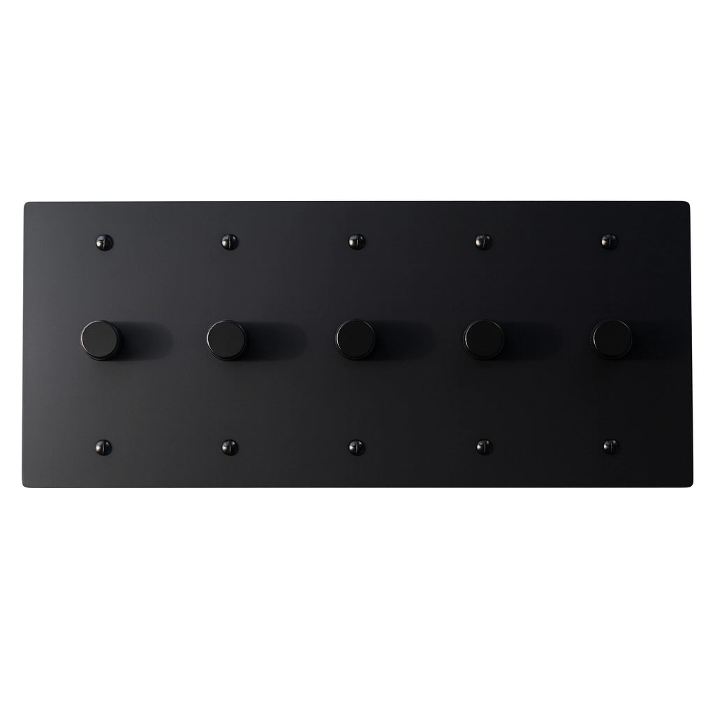 Matte black five-gang dimmer switch with rotary knobs — premium large light dimmer panel for luxury home interiors