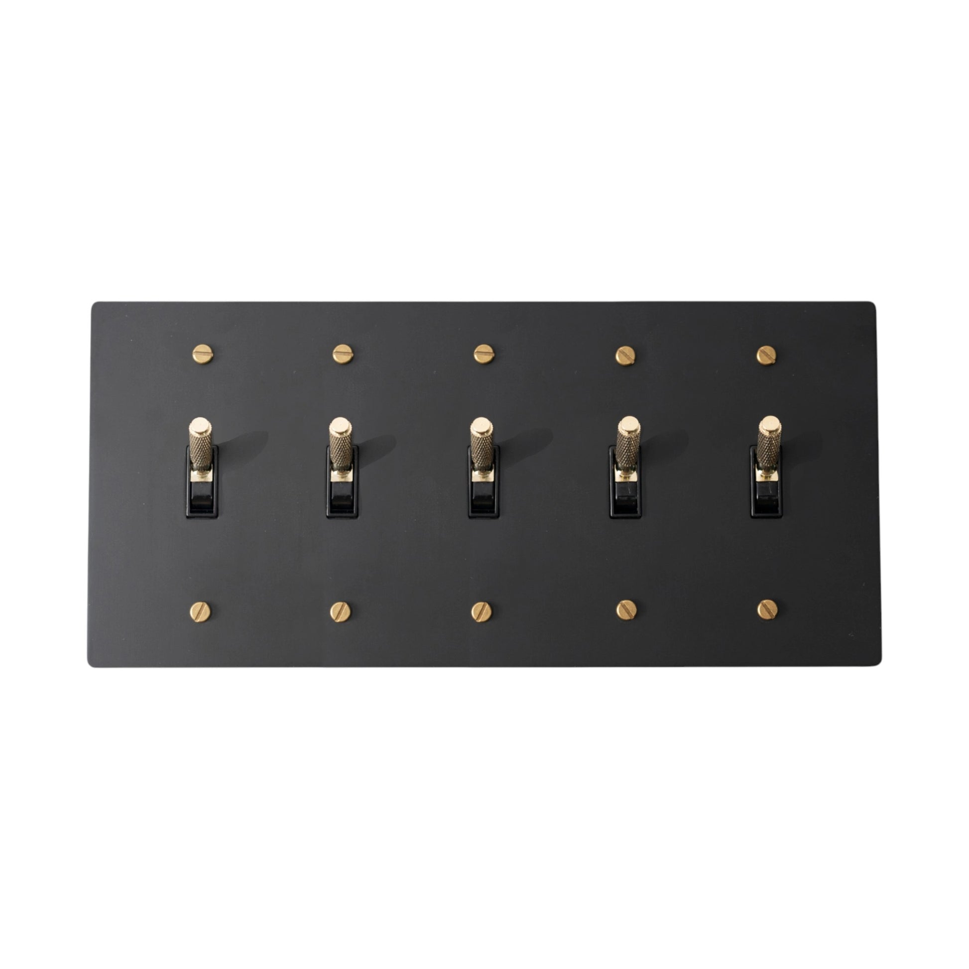 Matte black 5-gang knurled toggle switch plate