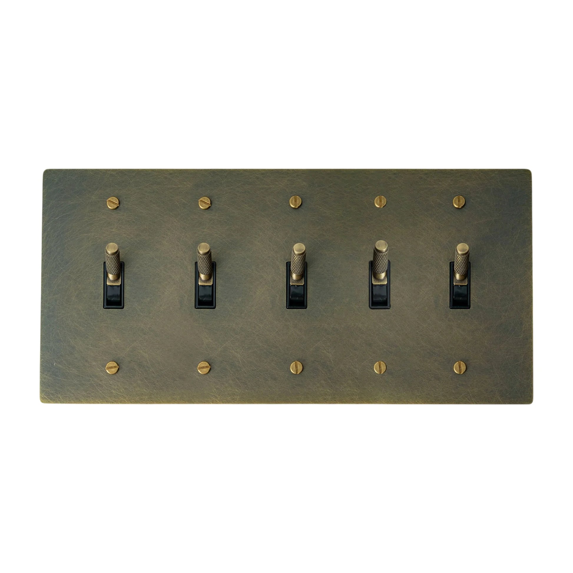 5-gang knurled toggle light switch plate in aged bronze, hand-brushed, front view