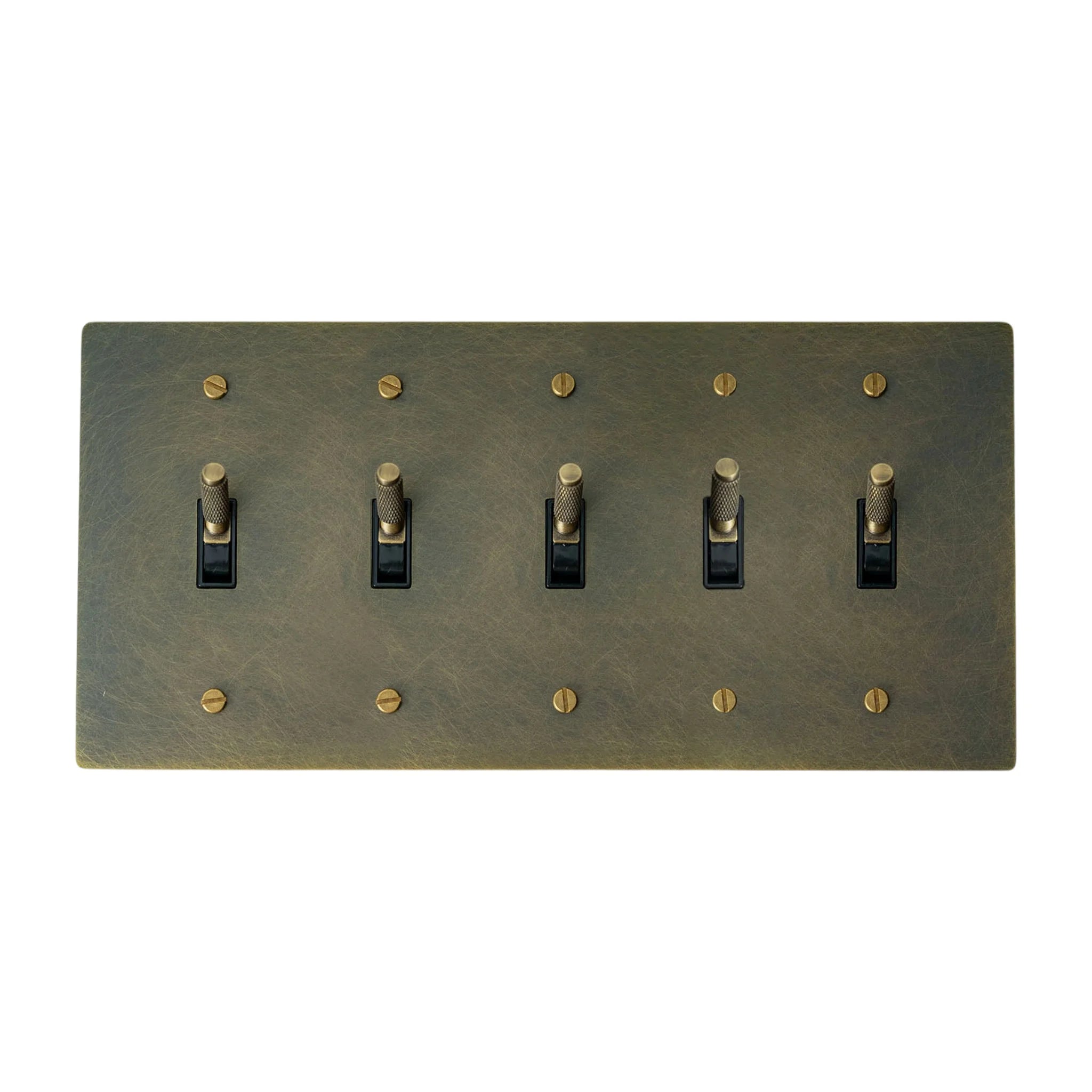 5-gang knurled toggle light switch plate in aged bronze, hand-brushed, front view