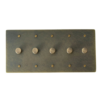 5 gang Bronze brass dimmer switch plate with antique knob on a white background