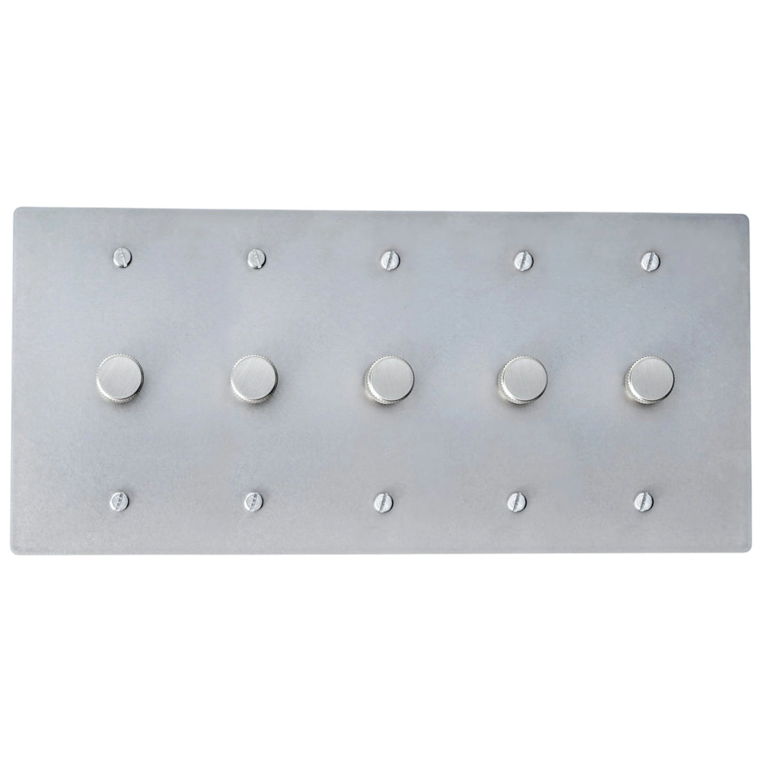 Five gang brushed nickel dimmer switch with smooth metal knobs and contemporary brushed finish.