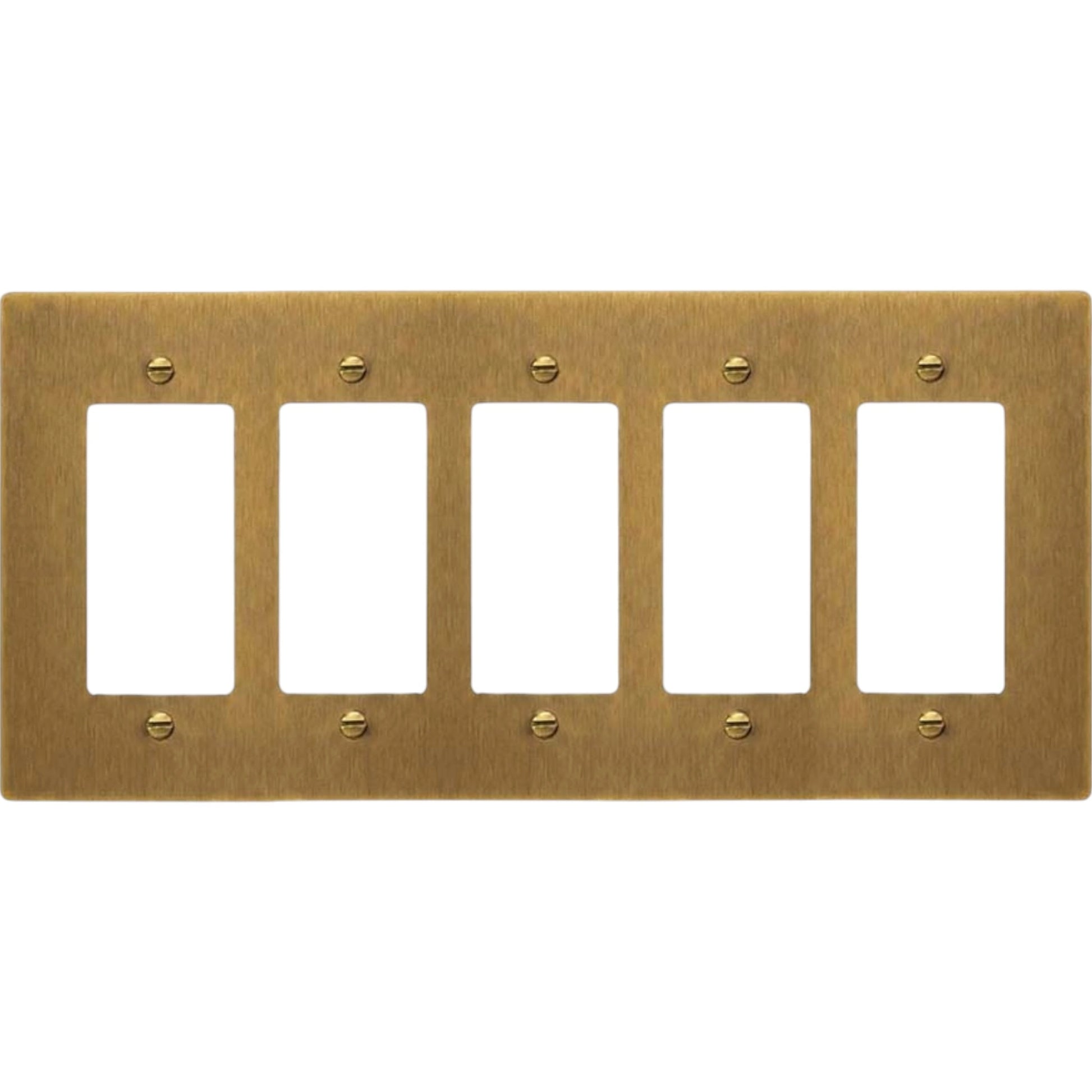 5-gang solid brass Decora wall plate in Antique Brass (hand-brushed) finish