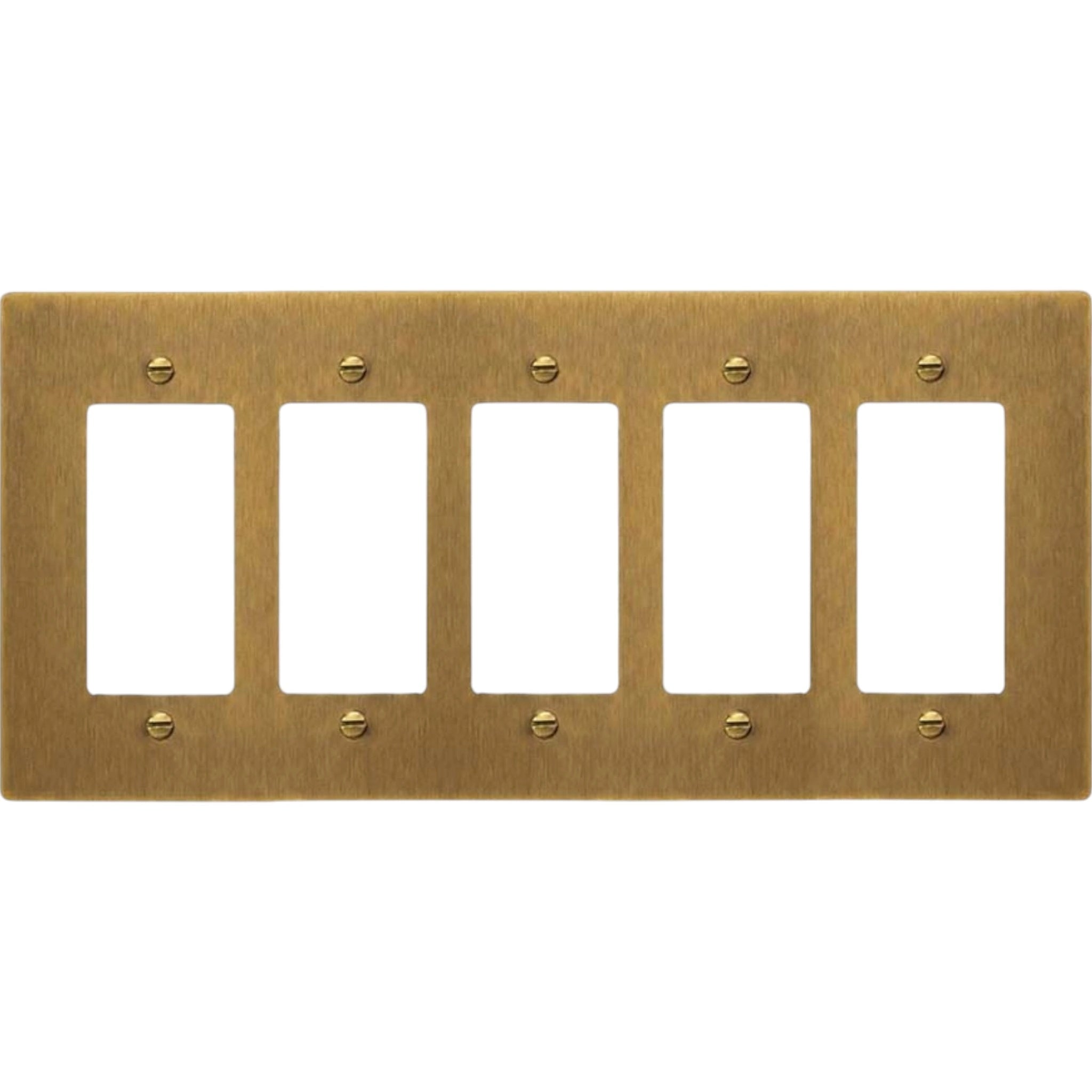 5-gang solid brass Decora wall plate in Antique Brass (hand-brushed) finish