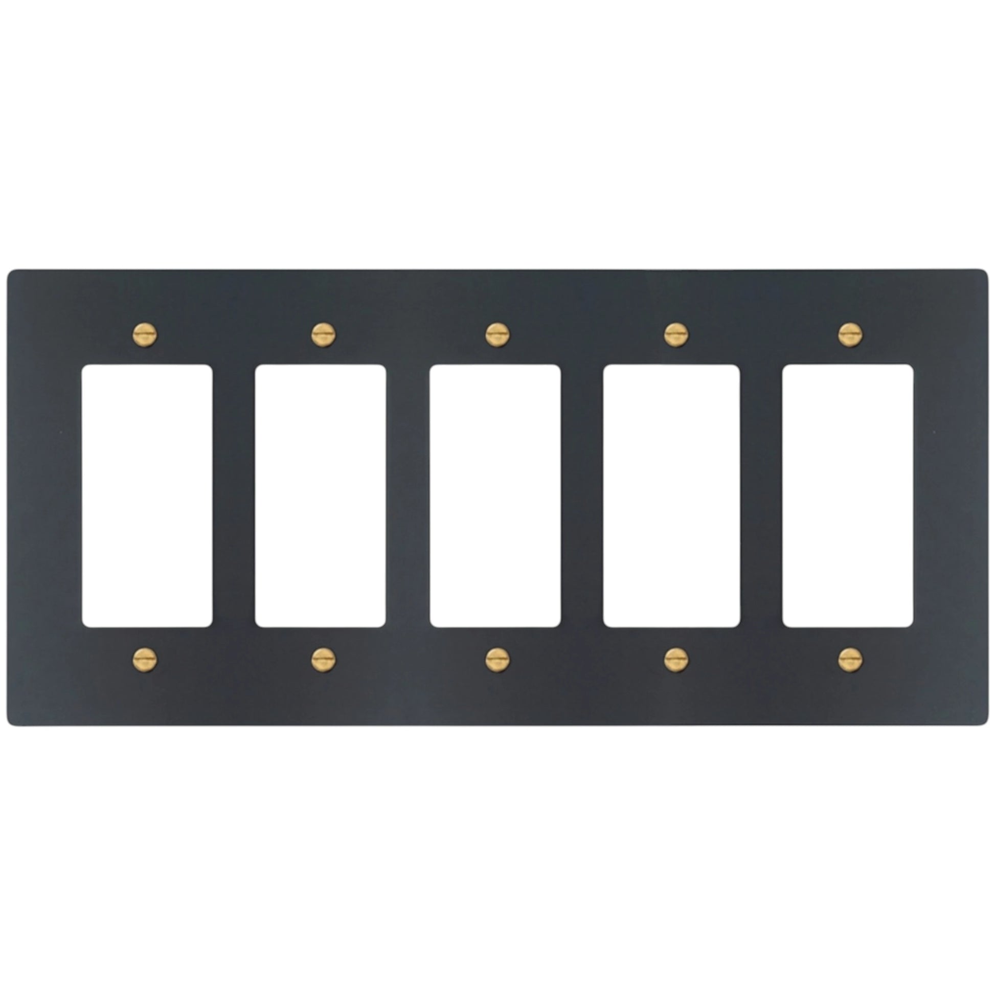 5-gang Decora wall plate in Matte Black finish with brass screws