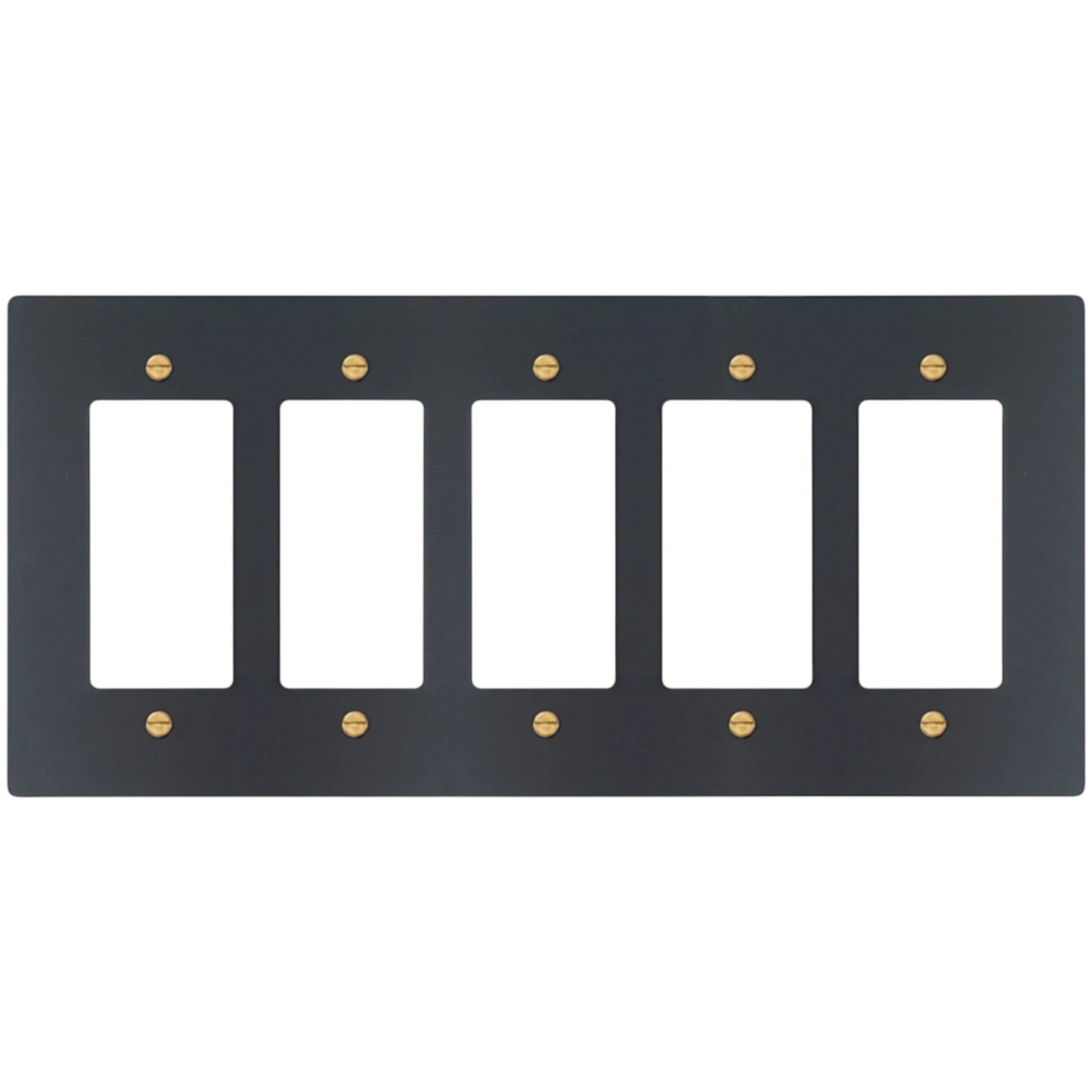 5-gang Decora wall plate in Matte Black finish with brass screws