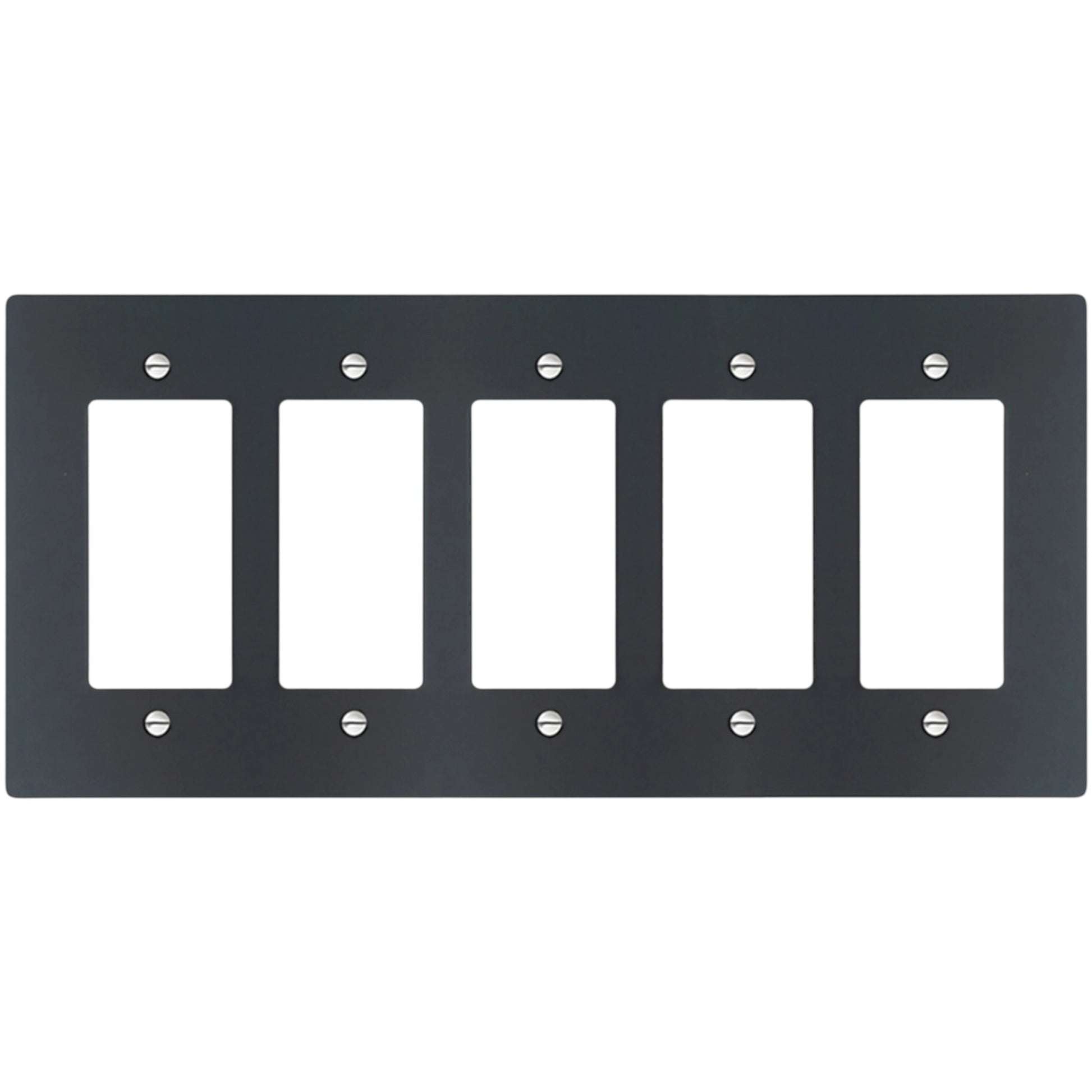 5-gang Decora wall plate in Matte Black finish with silver screws