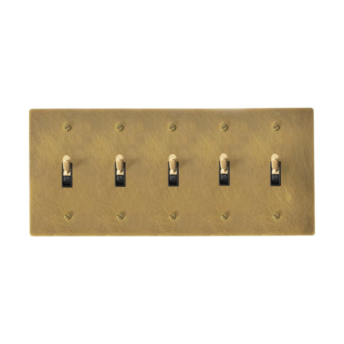 5-gang knurled toggle light switch plate in aged bronze, hand-brushed, front view