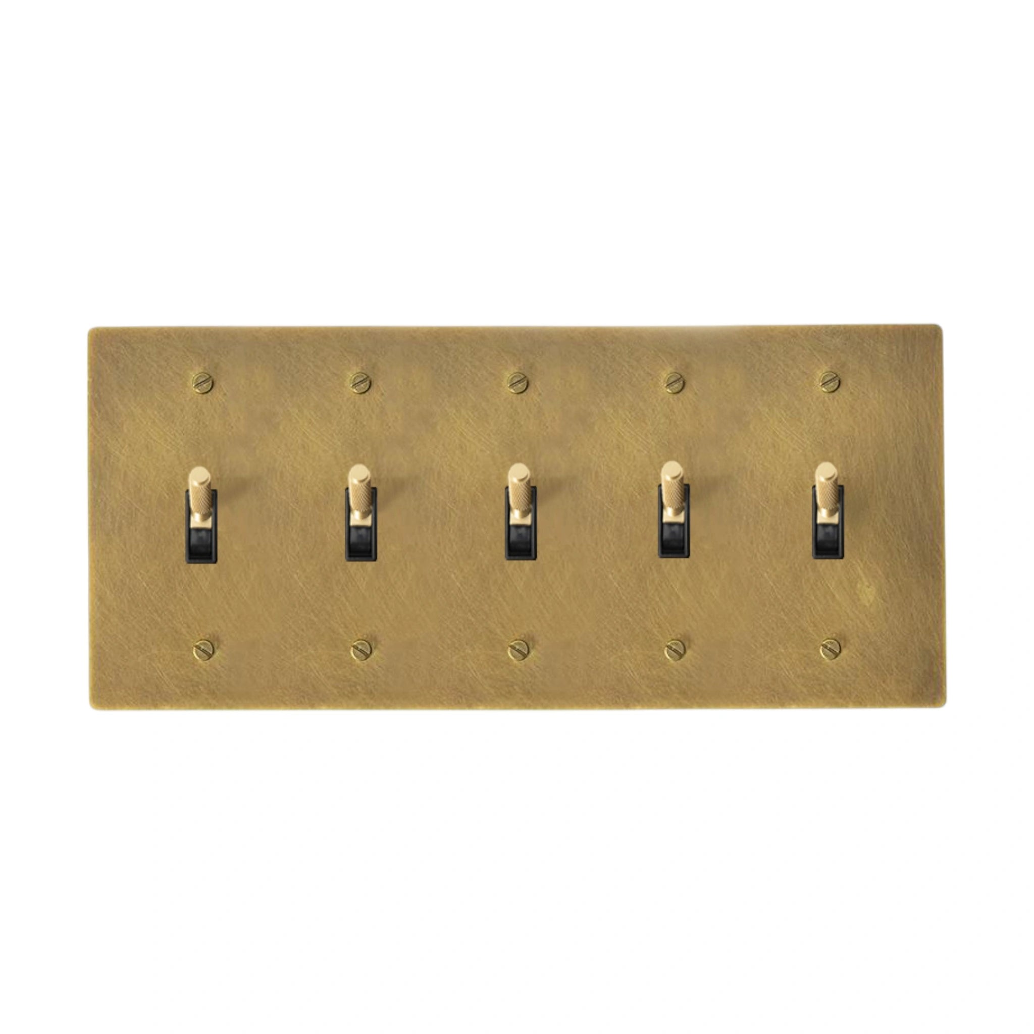 Unlacquered antique brass 5-gang knurled toggle switch plate