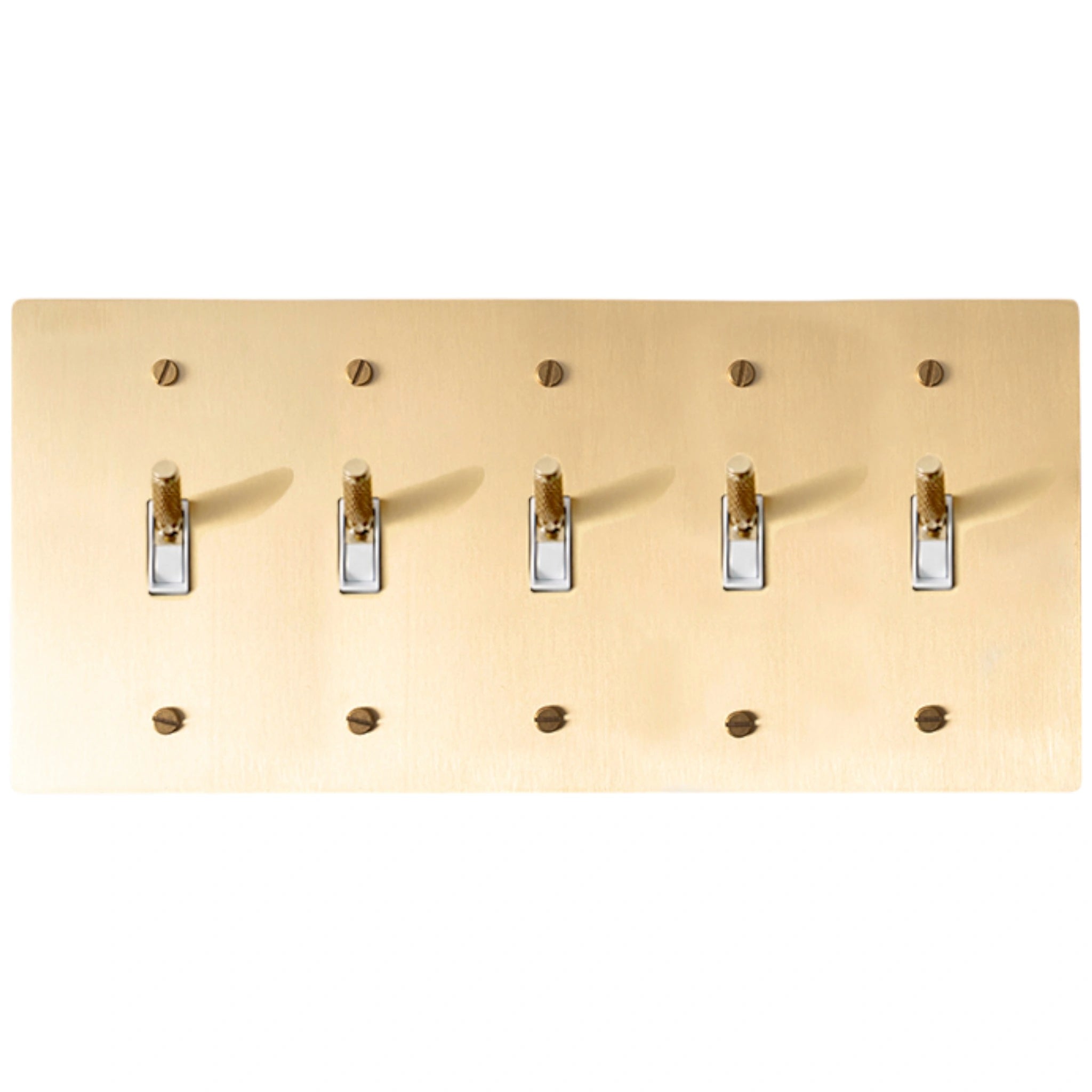 Satin brass 5-gang knurled toggle switch plate
