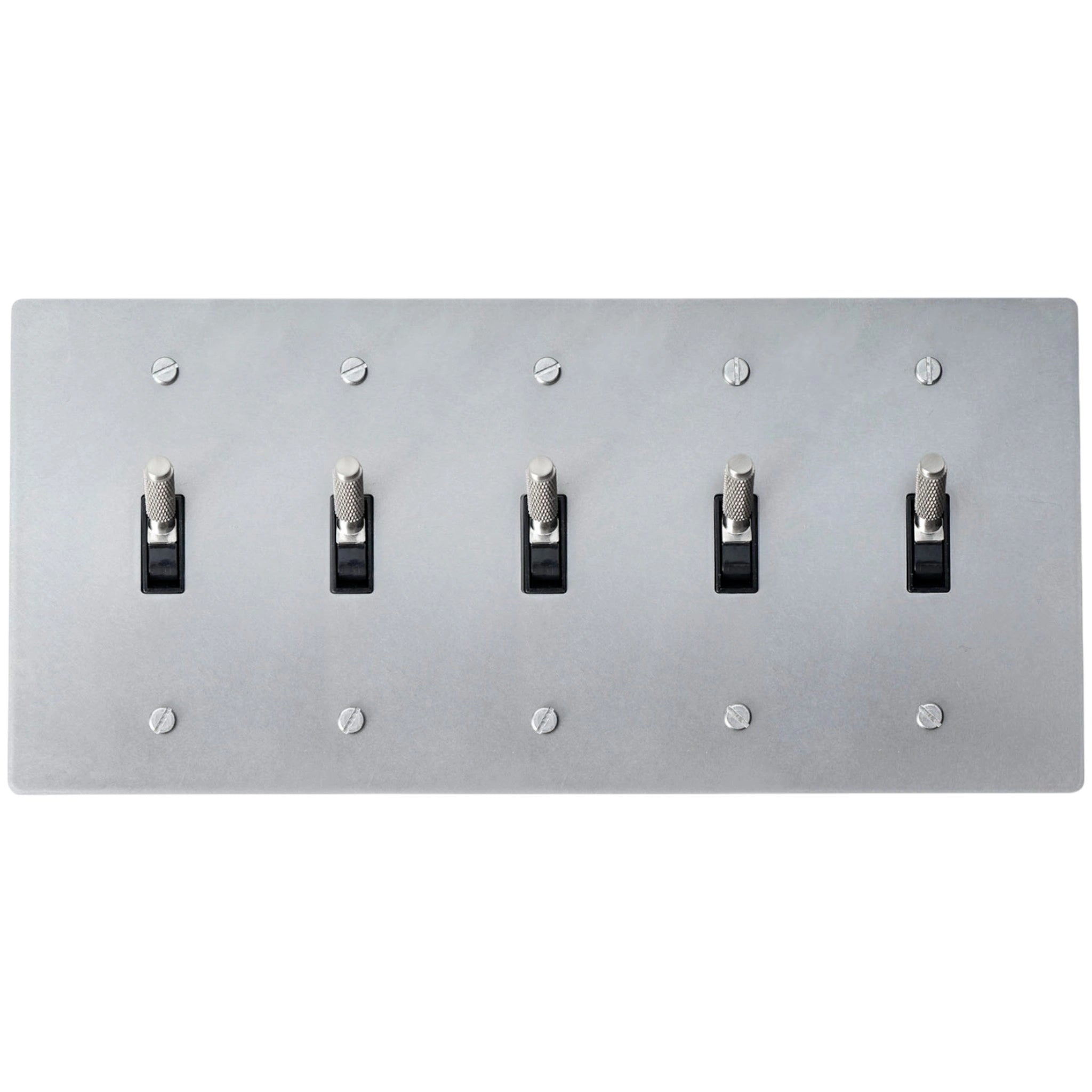 5-gang knurled toggle light switch plate in stainless steel finish, front view