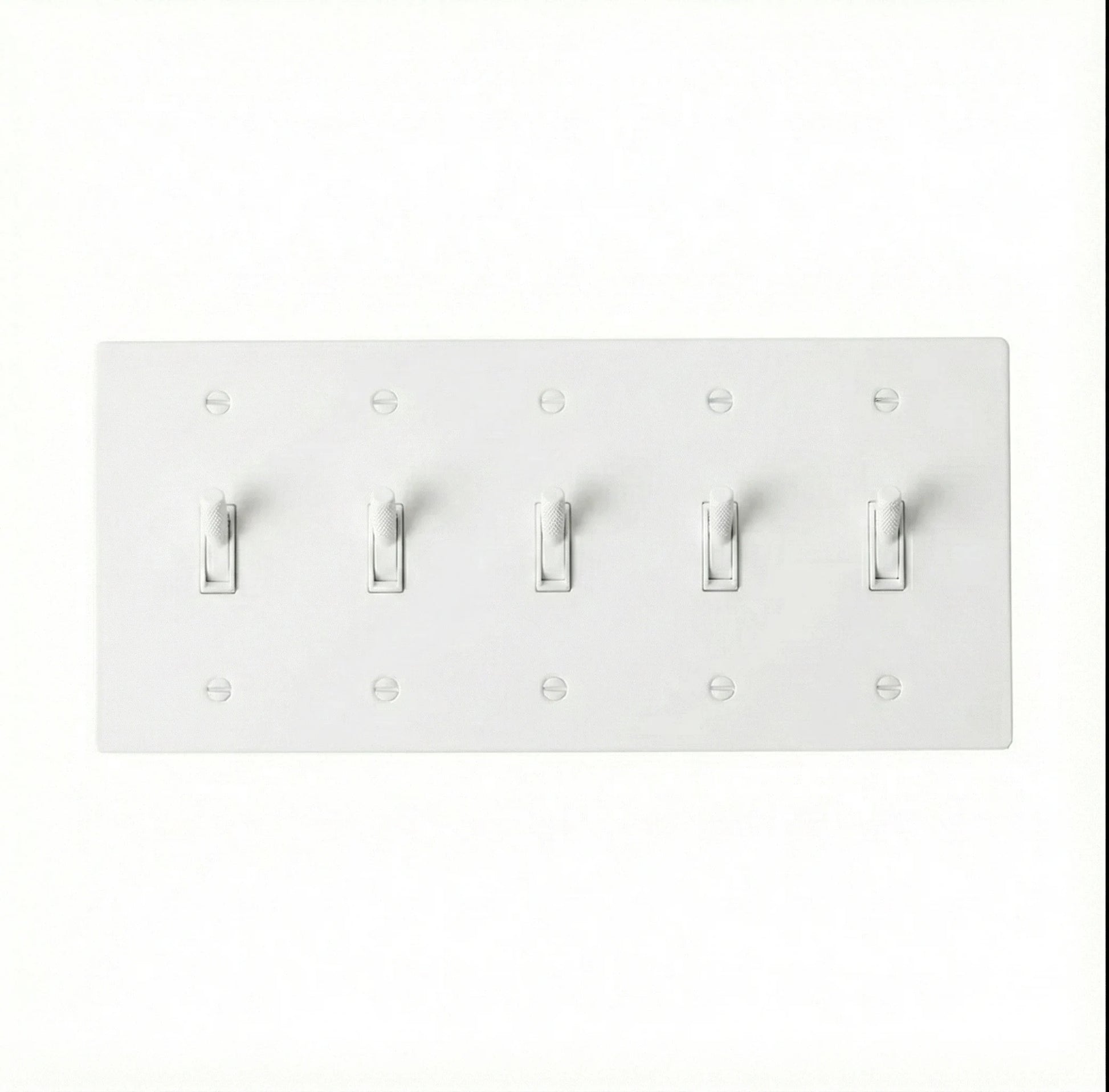 Close-up of knurled toggle detail on white 5-gang switch plate
