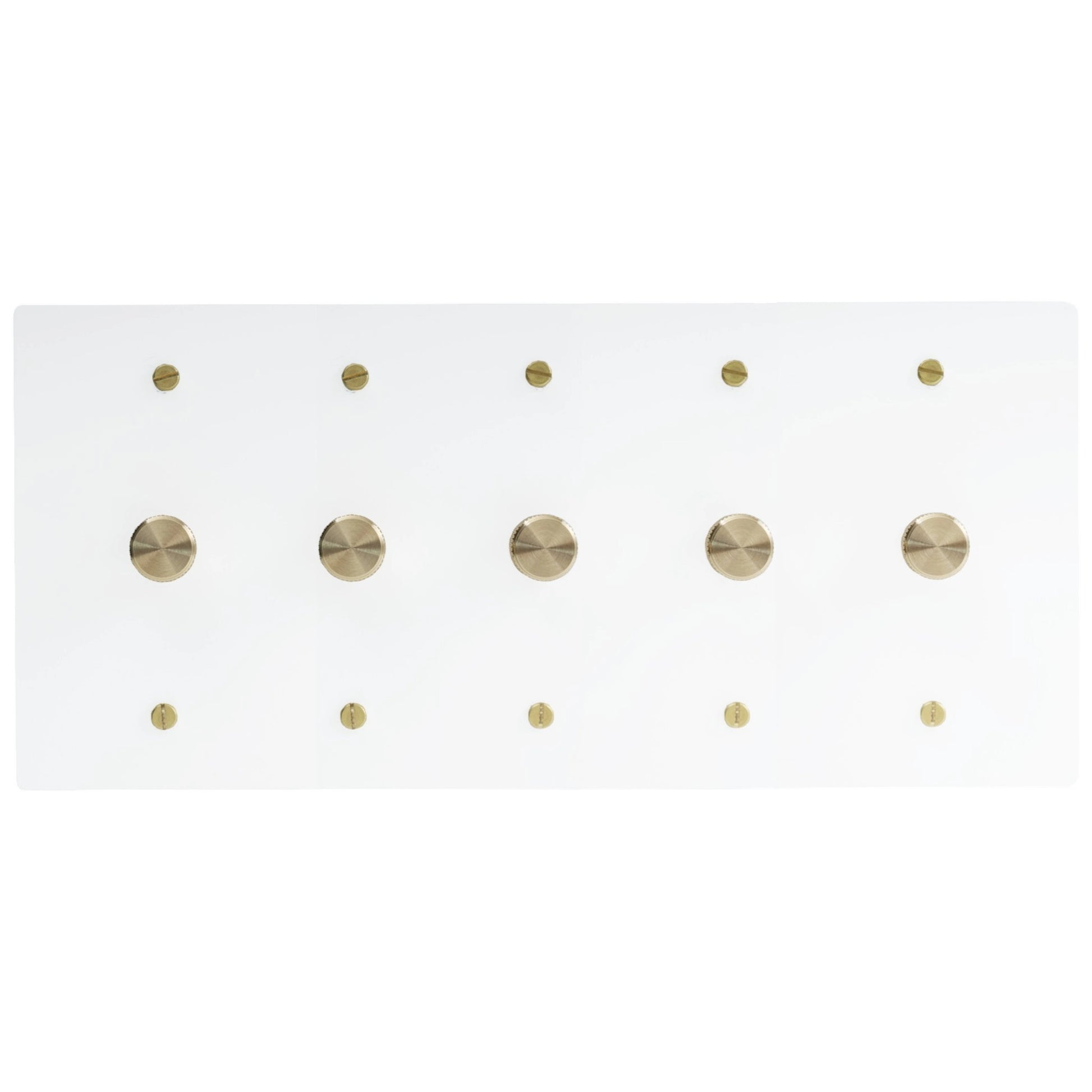 Five gang white dimmer switch with brushed brass knobs and contemporary white wall plate.