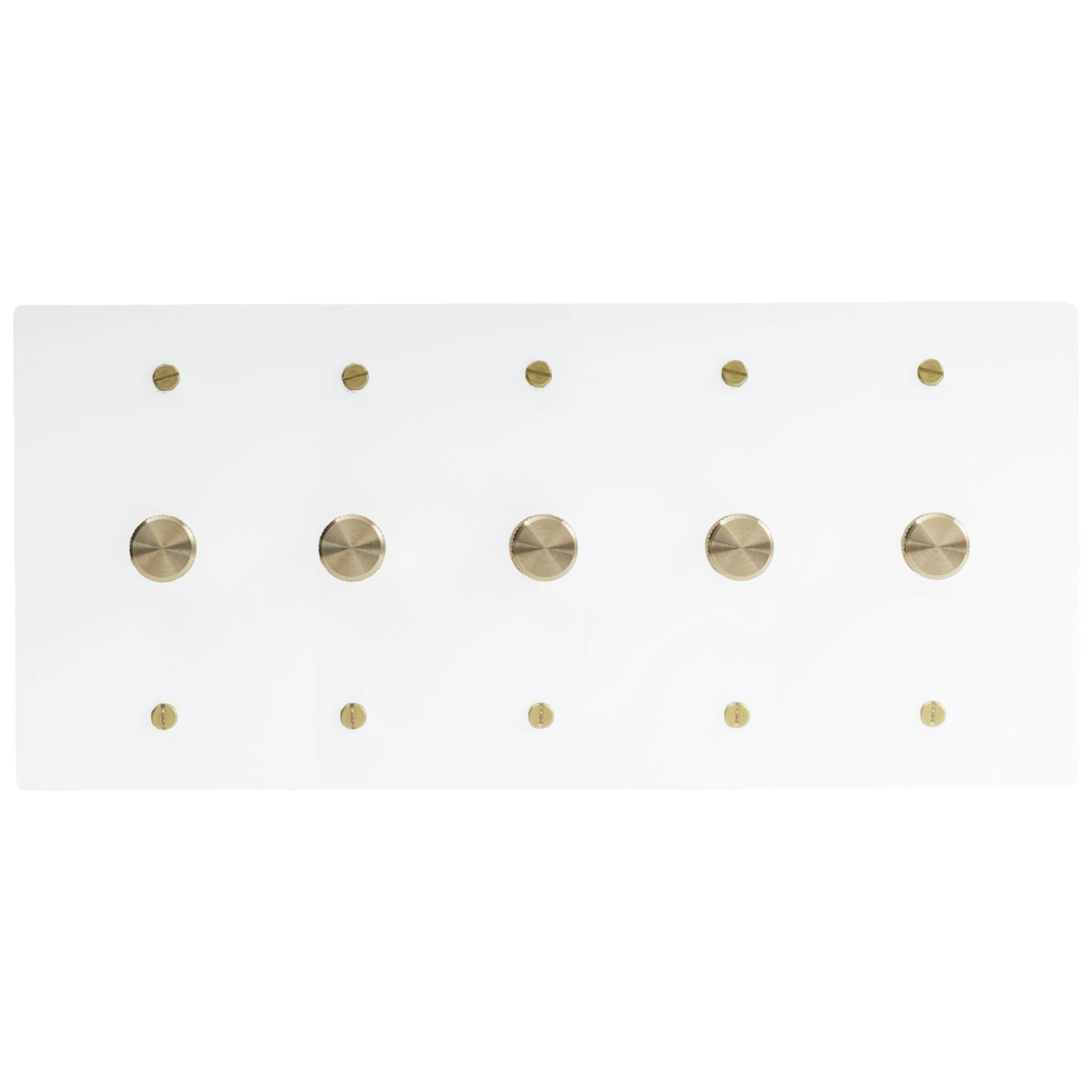 Five gang white dimmer switch with brushed brass knobs and contemporary white wall plate.