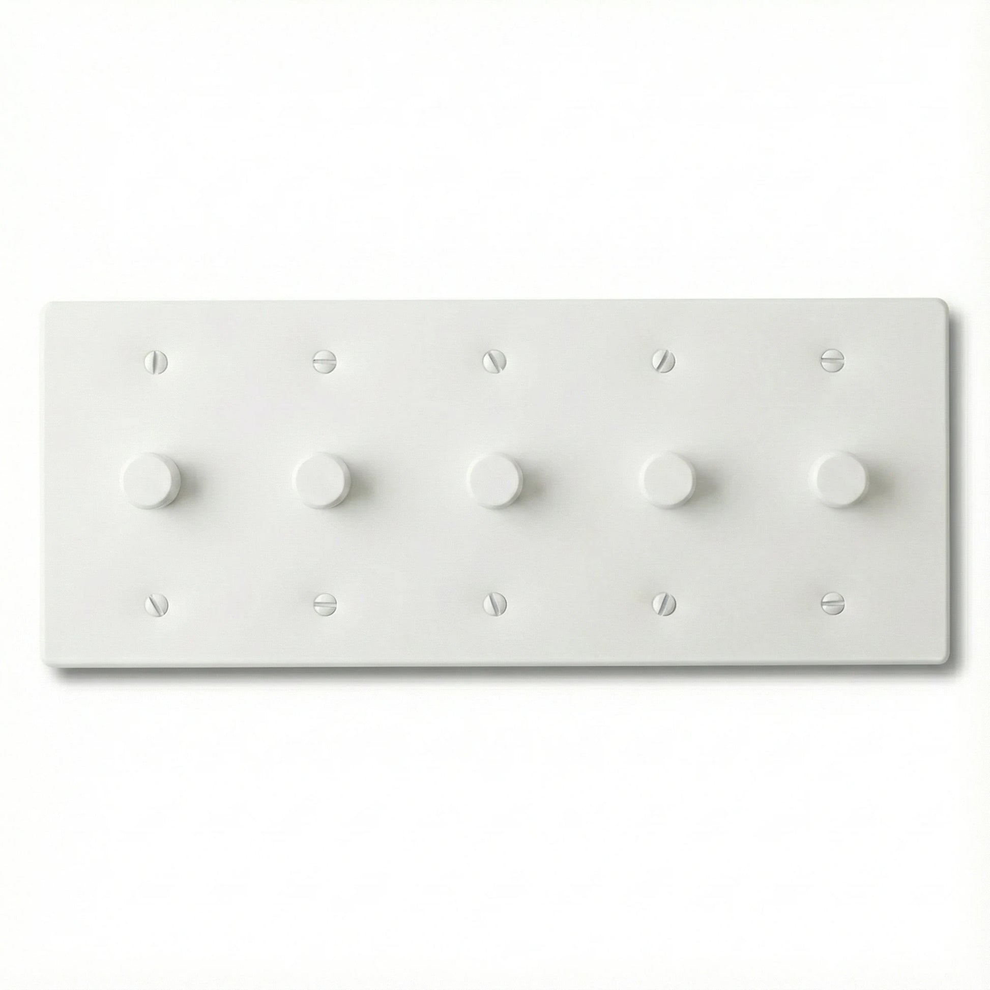 5 gang rotary dimmer with a white faceplate and matching knobs on a white background