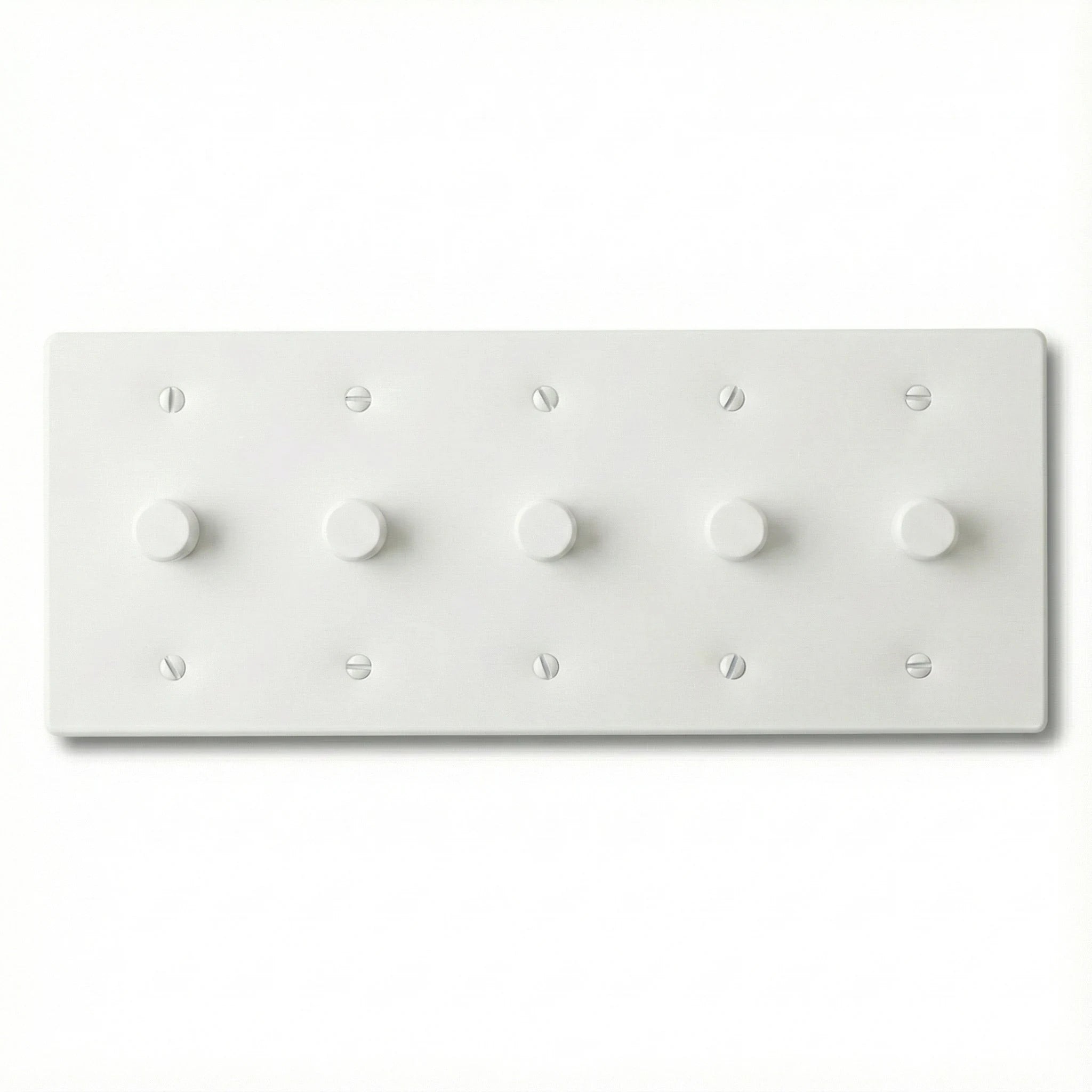 5 gang rotary dimmer with a white faceplate and matching knobs on a white background