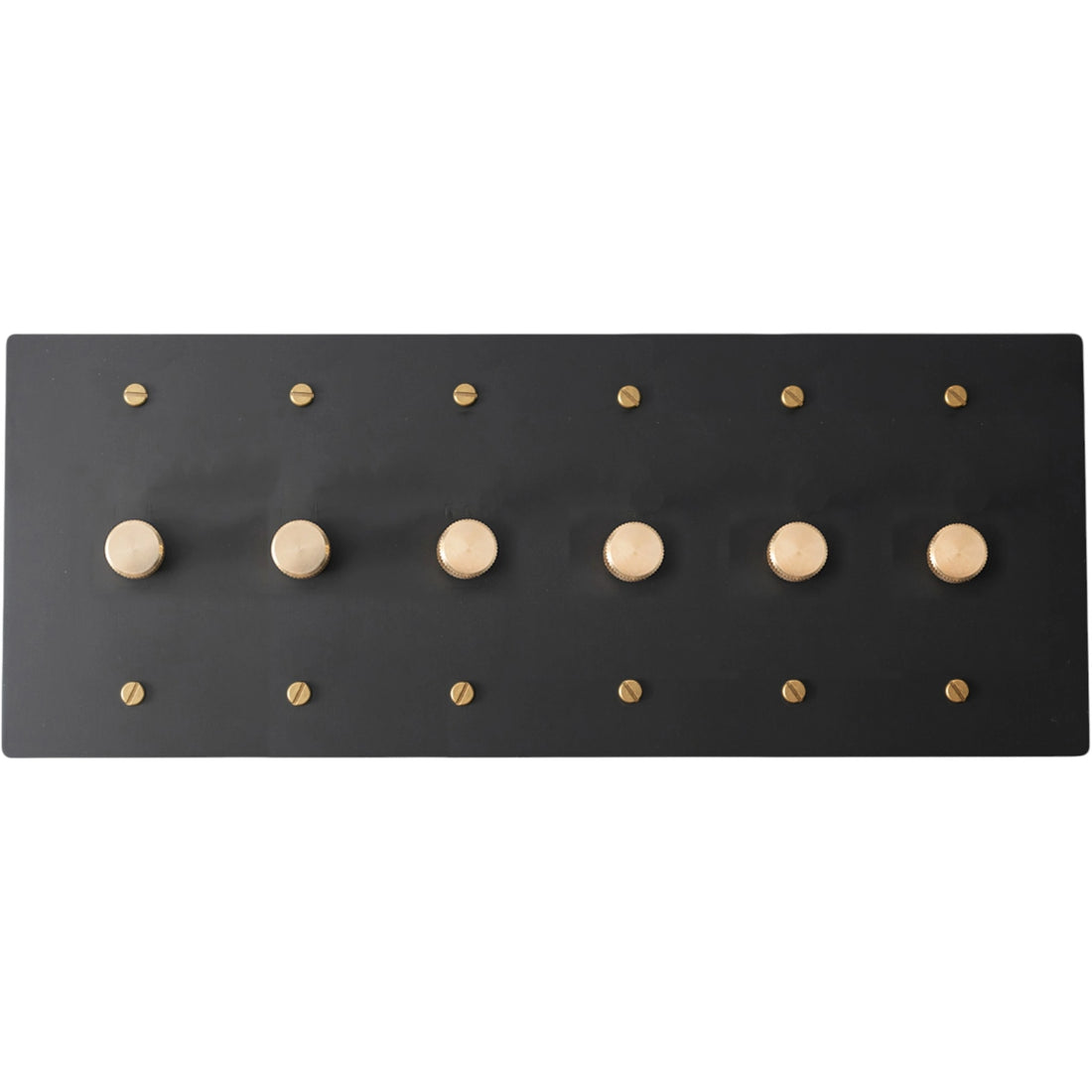 6 gang Bronze brass dimmer switch plate with antique knob on a white background