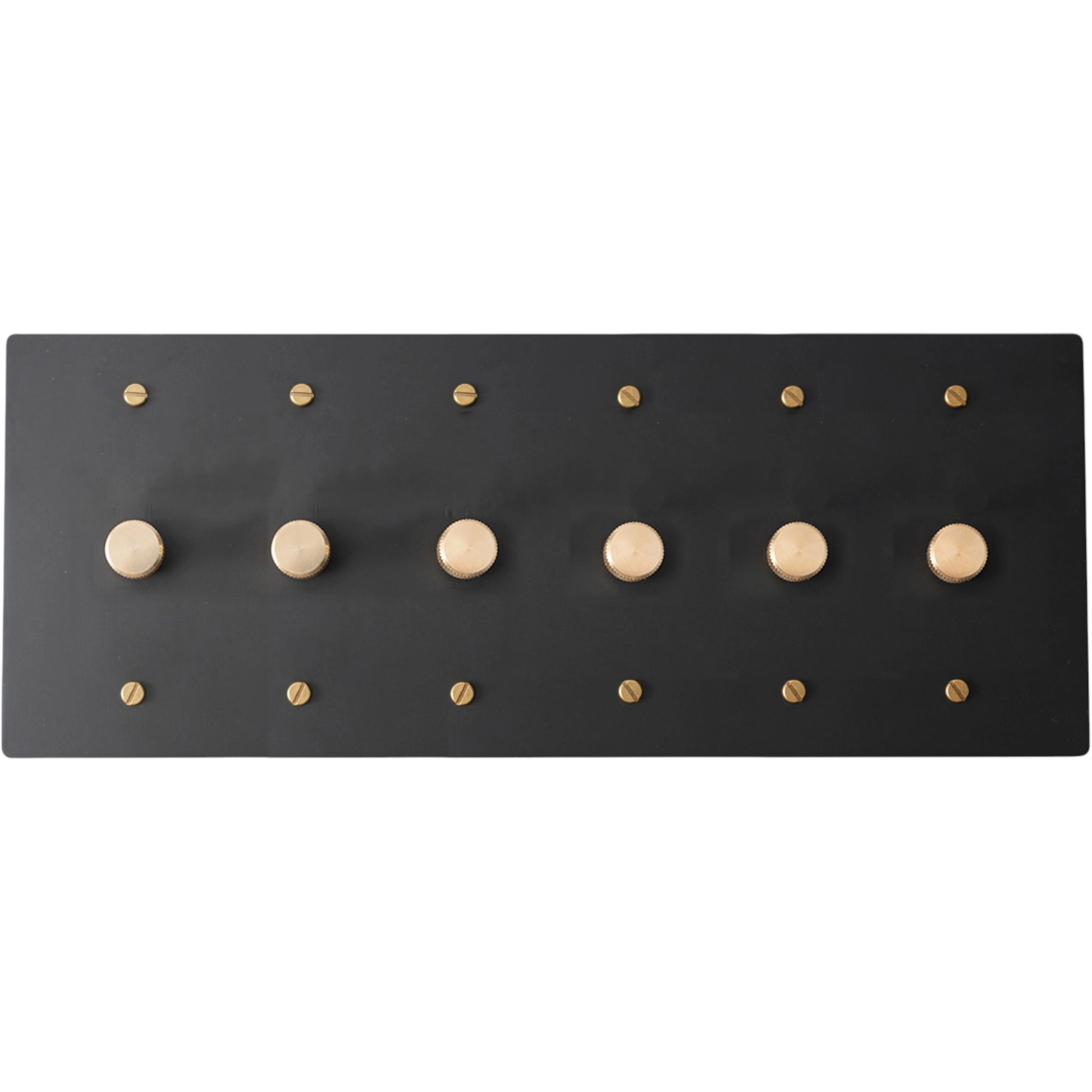 Black 6 gang rotary dimmer switch with gold brass knobs on a white background