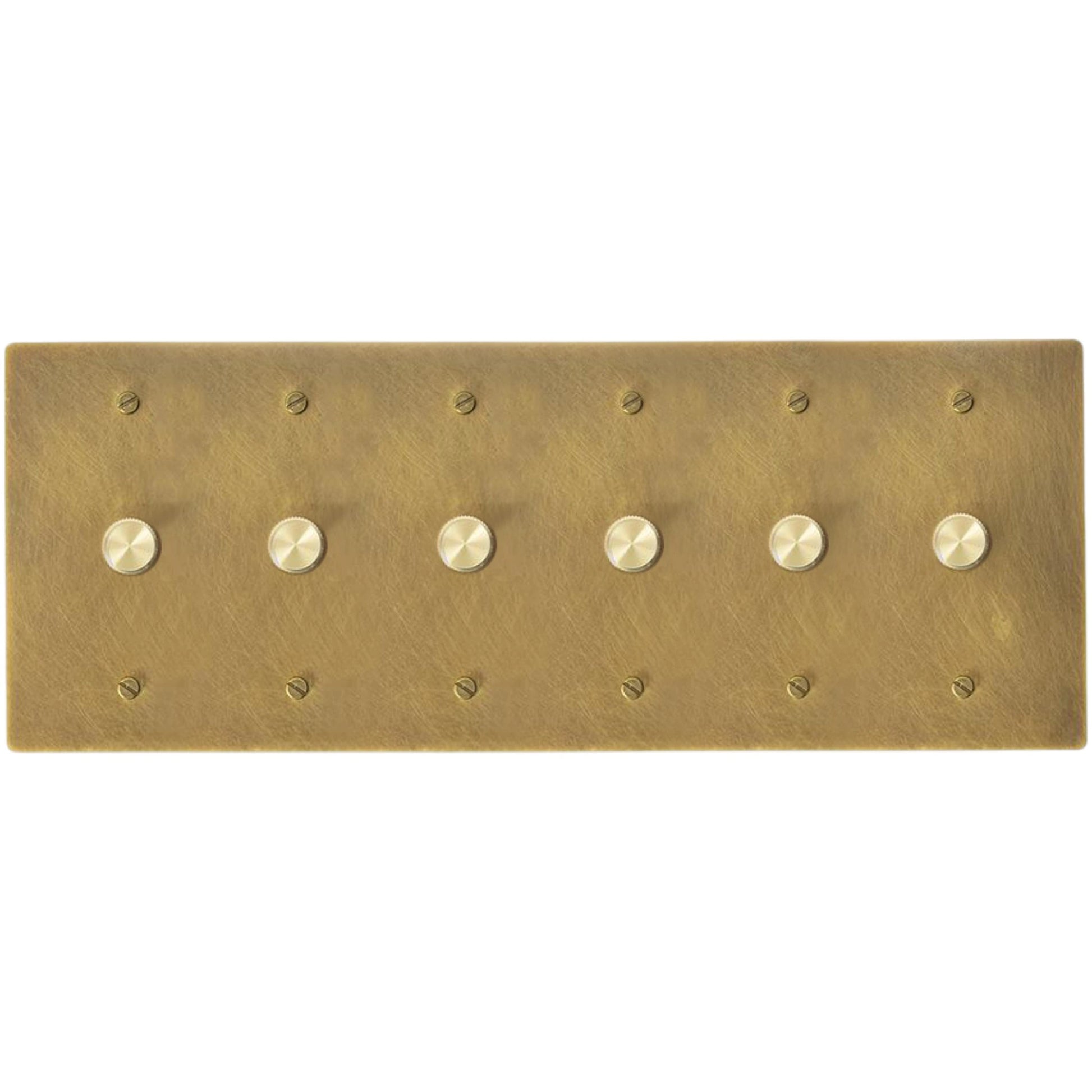 Six gang antique brushed brass dimmer switch panel with six smooth brass knobs and warm satin finish.