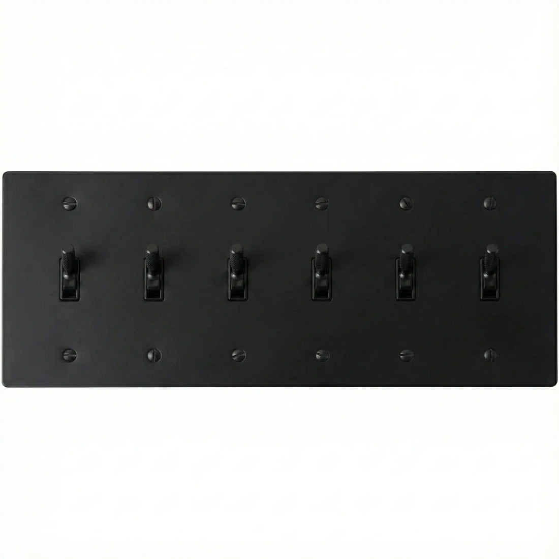 6-gang knurled toggle light switch plate in matte black, front view