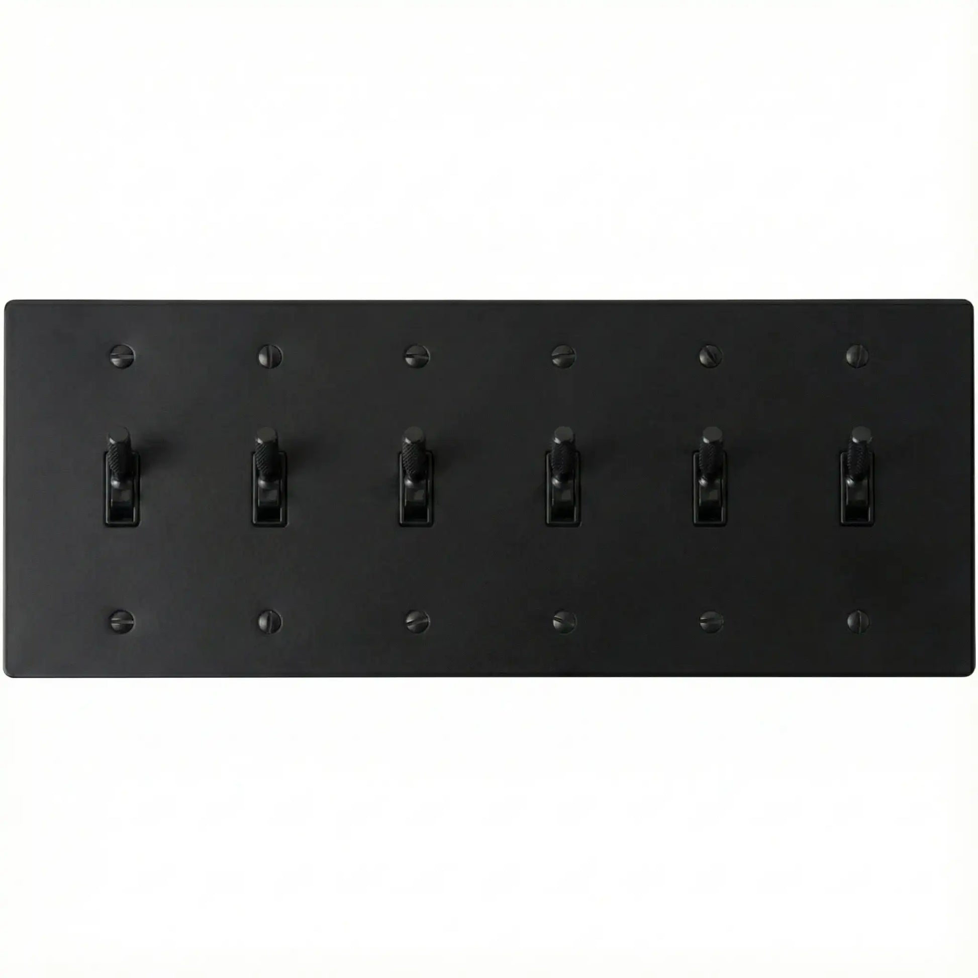 6-gang knurled toggle light switch plate in matte black, front view