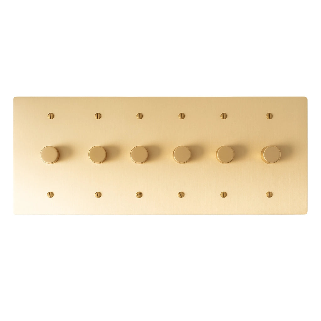 6 gang brass dimmer wall plate with evenly spaced rotary knobs and warm satin finish.