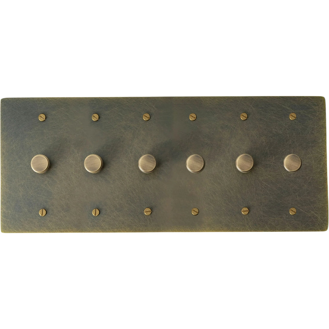 6 gang Bronze brass dimmer switch plate with antique knob on a white background