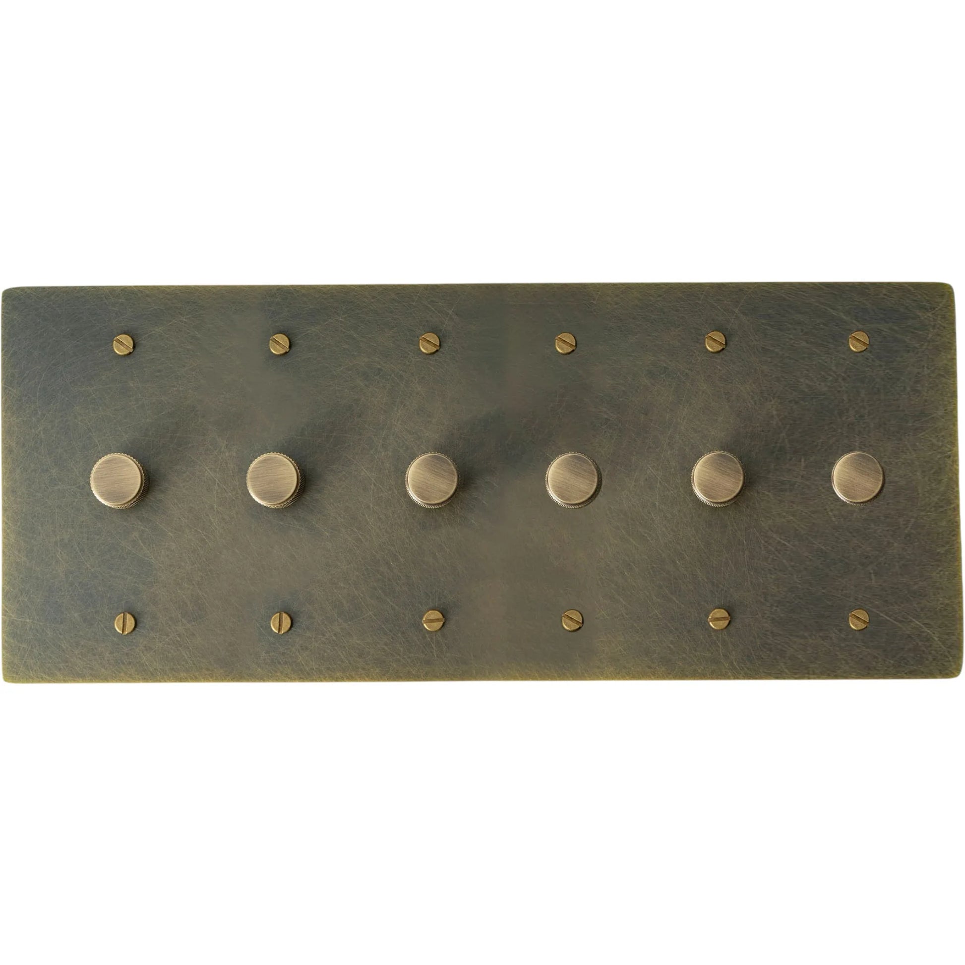 6 gang Bronze brass dimmer switch plate with antique knob on a white background