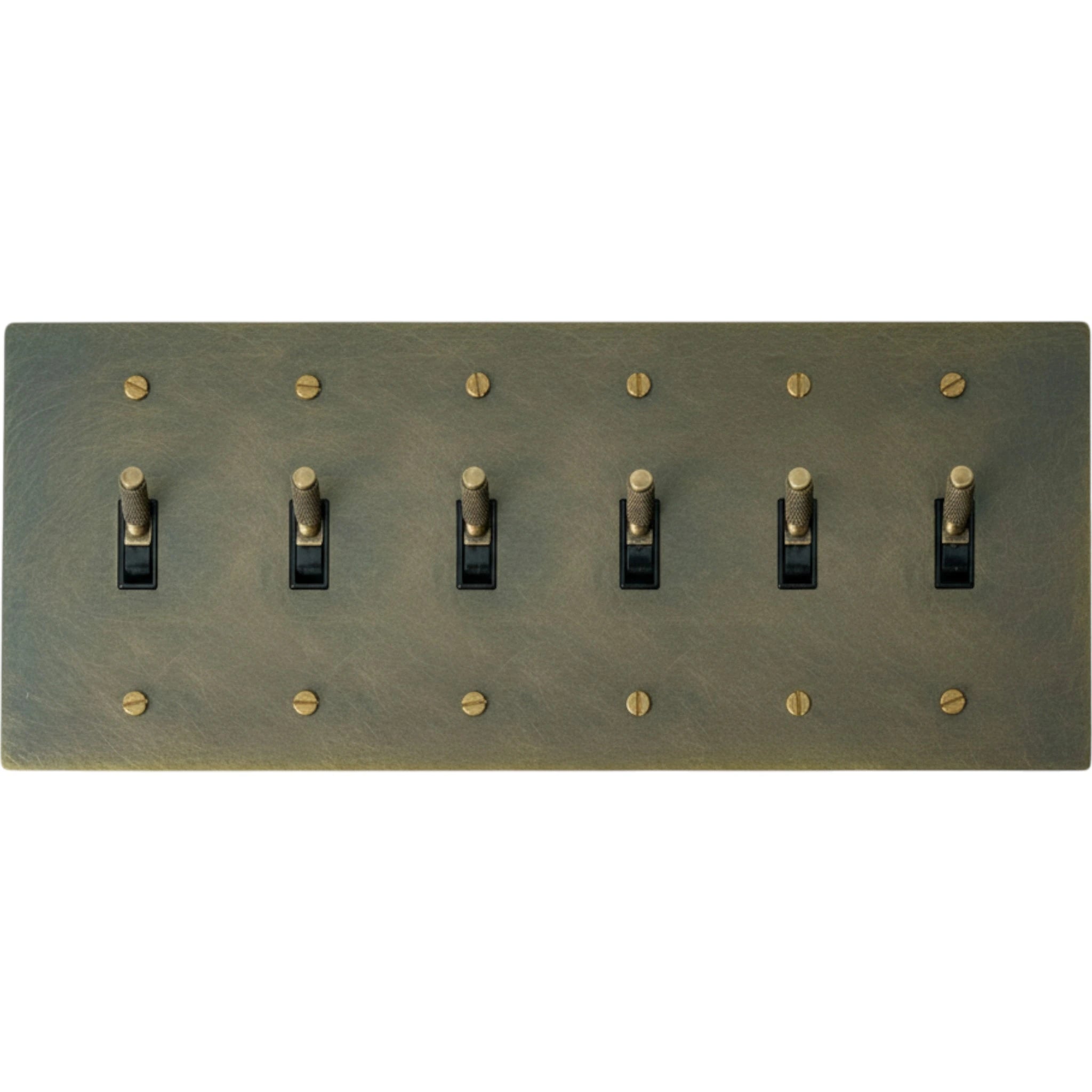 6-gang knurled toggle light switch plate in aged bronze, hand-brushed, front view