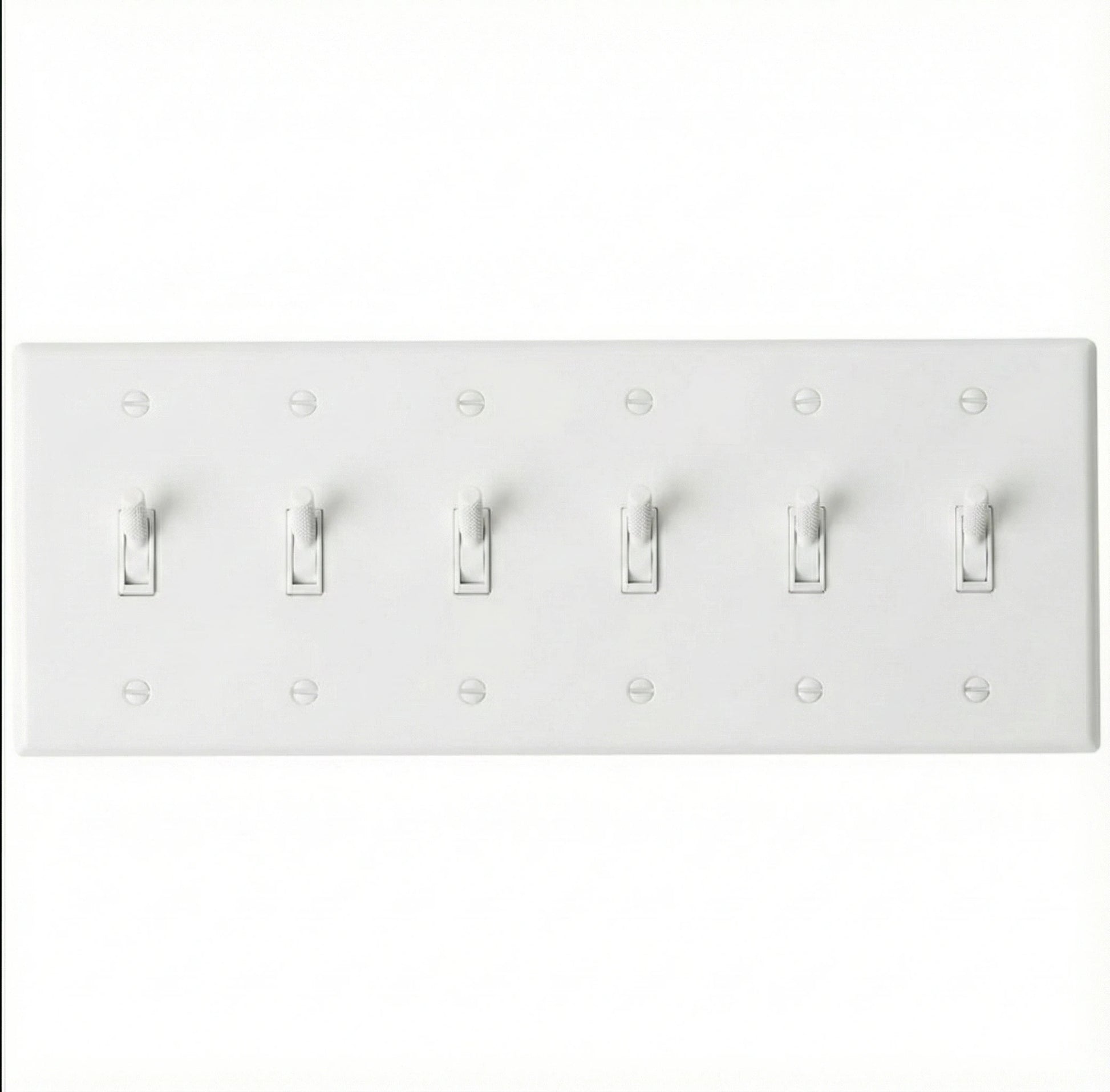 6-gang knurled toggle light switch plate in white, front view